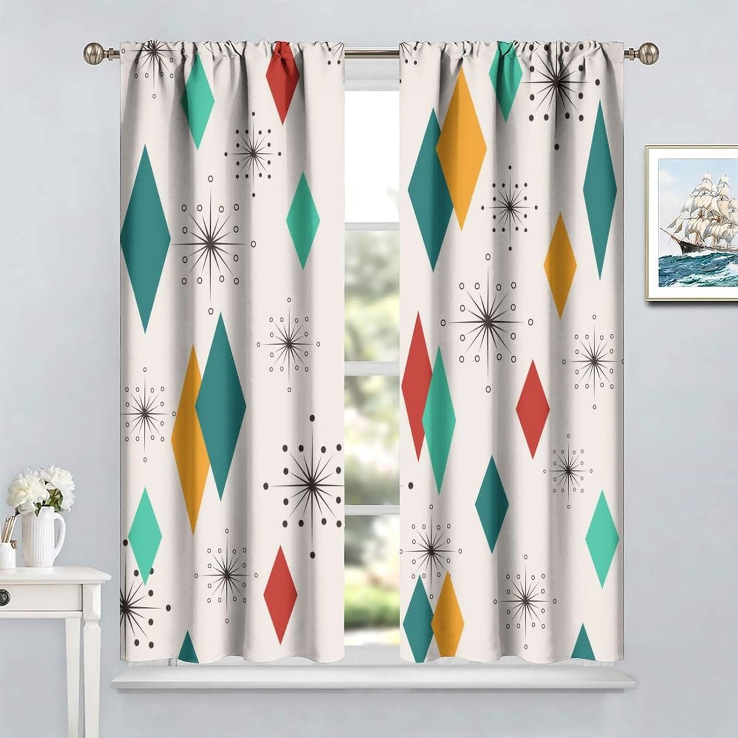 Mid Century Modern Curtains, Abstract Atomic Geometric Diamond Pattern Window Treatments for Bedroom Living Room,1950s 1960s Vintage Blackout Drapes 2 Panel Sets 55x63 Inch