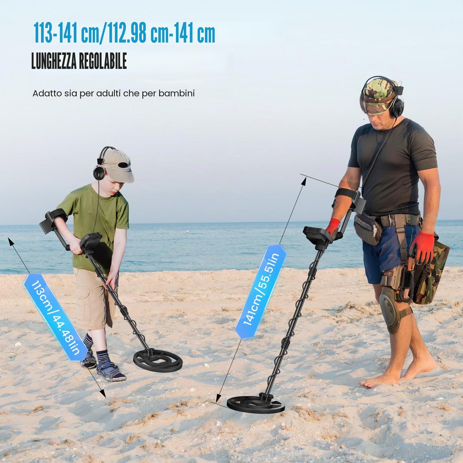 Metal Detector ad Alta Precisione, Lunghezza Regolabile 113 cm - 141 cm, 5 Modalità, Metal Detector Professionale con Schermo LCD, Bobina di Ricerca Impermeabile IP68 per Adulti & Bambini