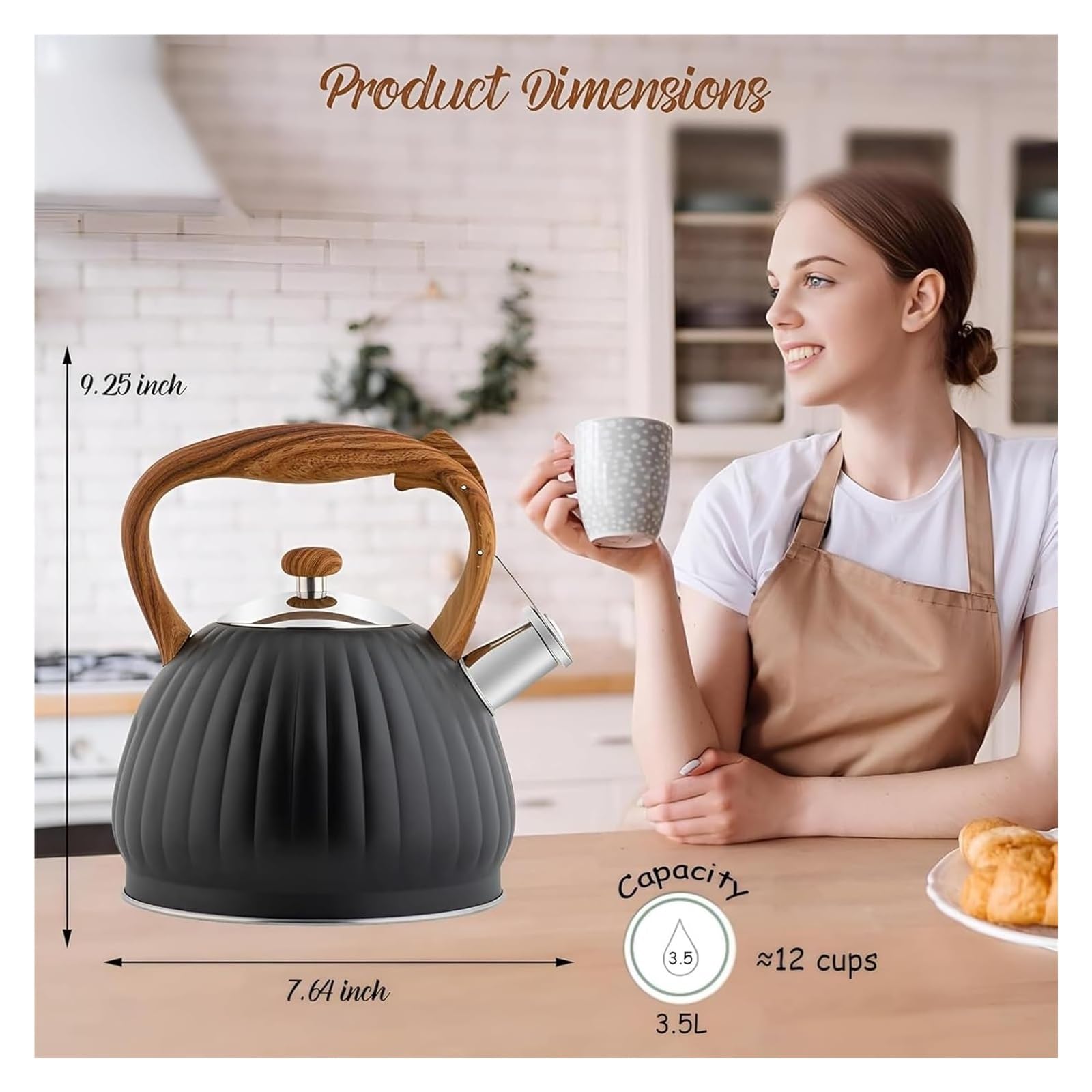 Czajnik z kuchenką 3,5 l, czajnik ze stali nierdzewnej, gwizdkiem, do herbaty, odporny na rdzę(Black)