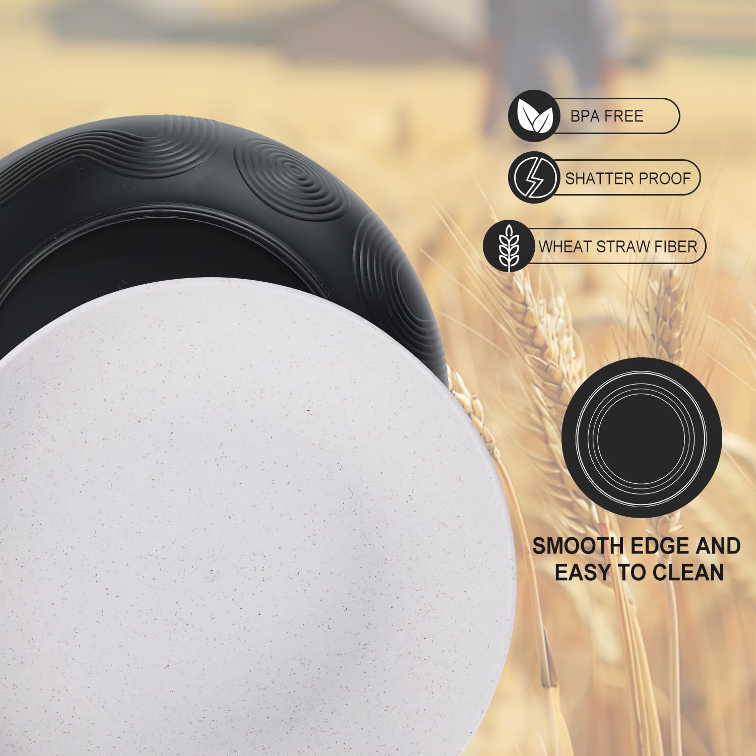 Wrova Wheat Straw Salad Bowls,65oz Unbreakable Wide and Shallow Dinner Bowls Set of 2,Microwave Safe Reusable Plastic Salad Bowls for Kids, Adults,Salad,Camping,RV.Black and White - Image 3