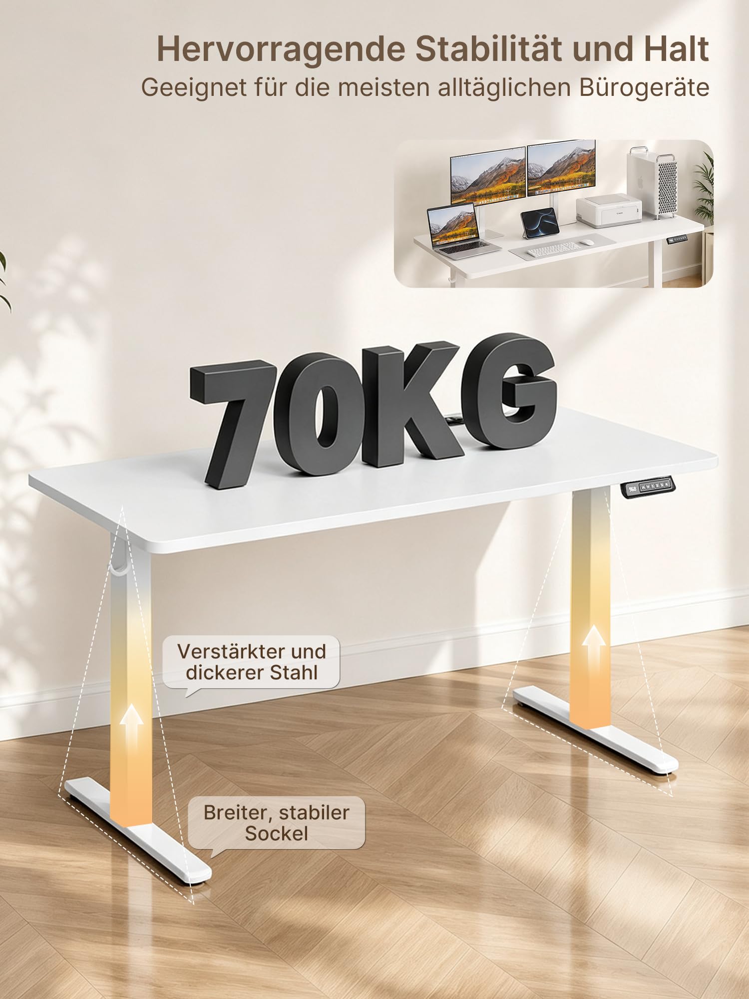 JUMMICO Höhenverstellbarer Schreibtisch 140x70 cm mit Steckdose | Schreibtisch Höhenverstellbar Elektrisch Stehtisch, Steh-Sitz Tisch, Bürotisch Computertisch, Wolkenweiß