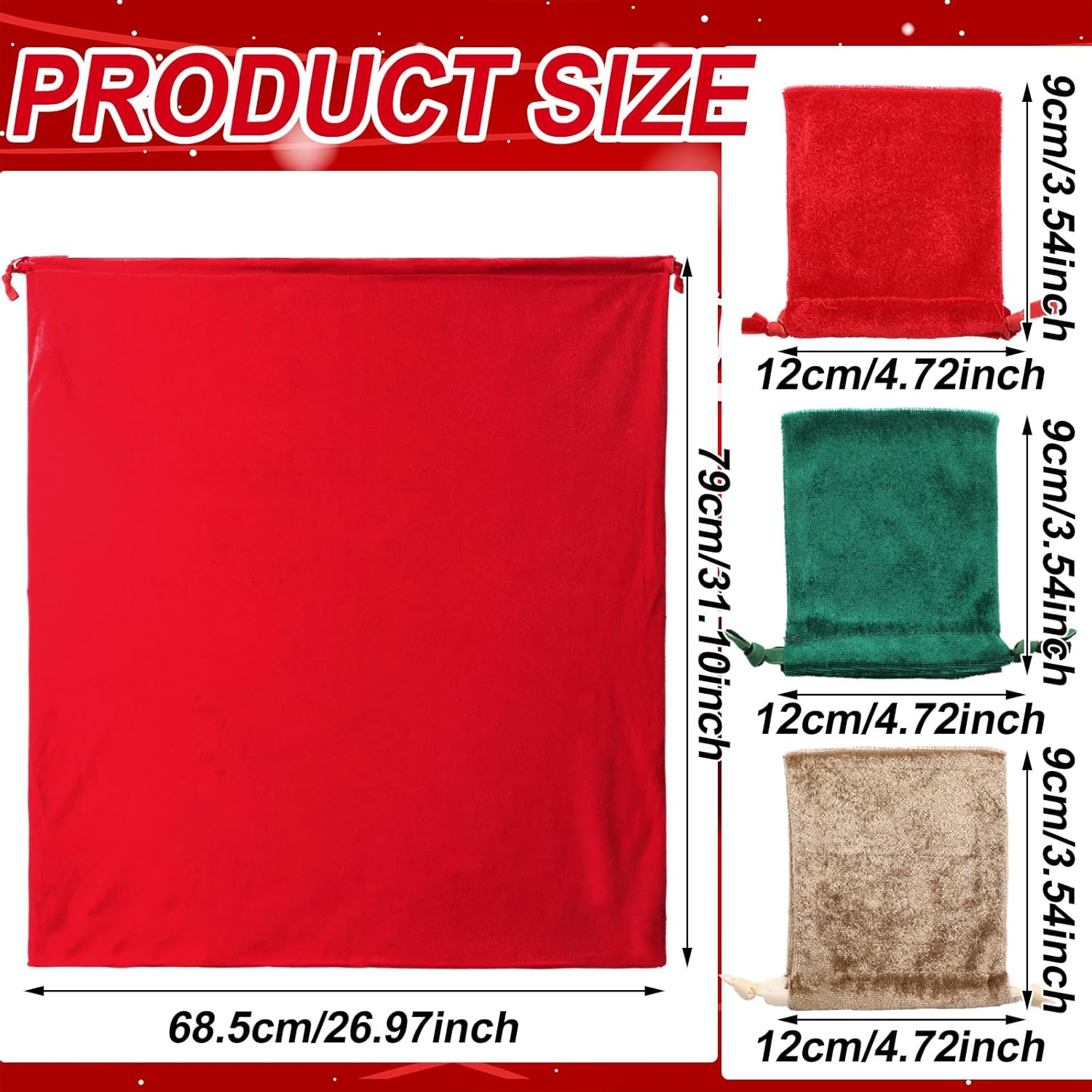 Sanwuta 3 Pcs Christmas Velvet Santa Sack 31 x 27 Inch and 3 Pcs Velvet Drawstring Bags 4.7 x 3.5 Inch, Large Santa Bags with Kraft Tags for Christmas Holiday Presents, Stocking Stuffer Candy Gifts