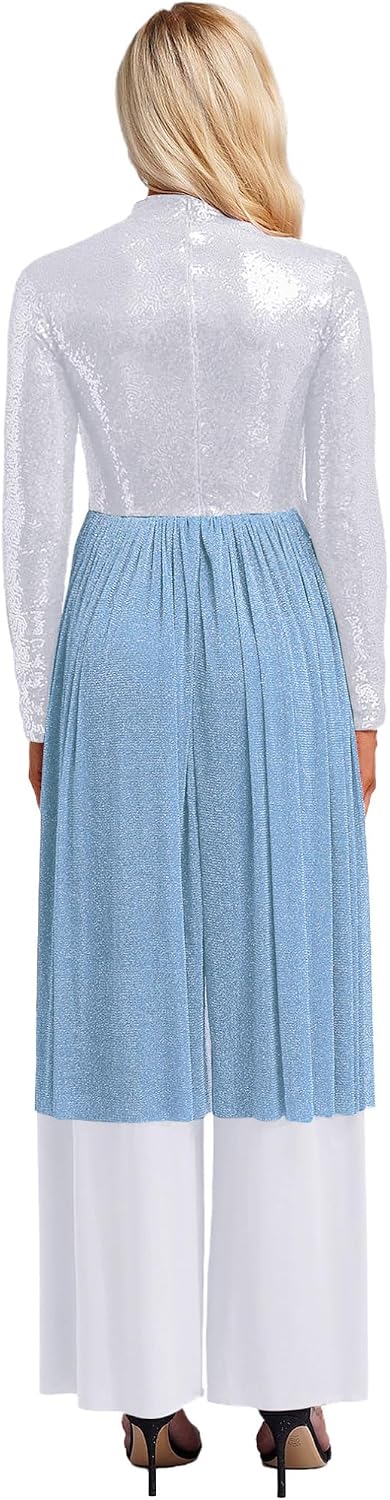 JEATHA Womens Long Sleeve Sequin Praise Dance Jumpsuit Overlay Tunic Church Worship Prayer Gowns