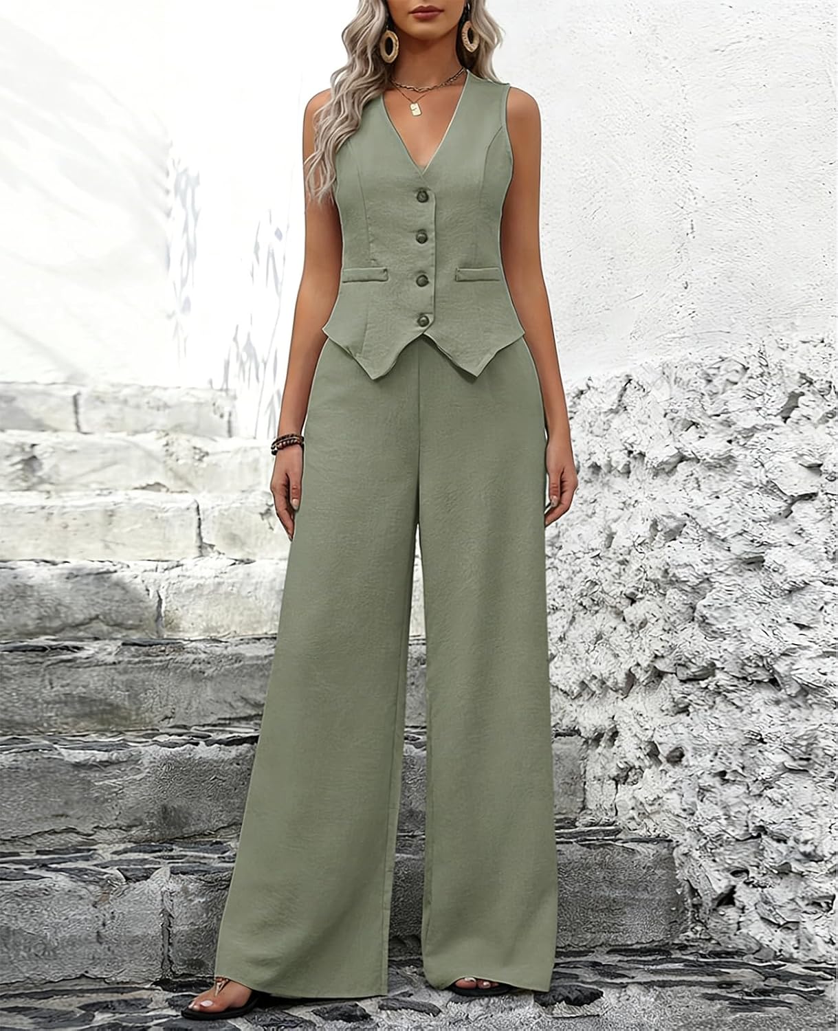 MINTLIMIT Women's 2 Piece Outfits Sleeveless Suit Vest Wide Leg Pants Set Summer Casual Matching Set Business Suits
