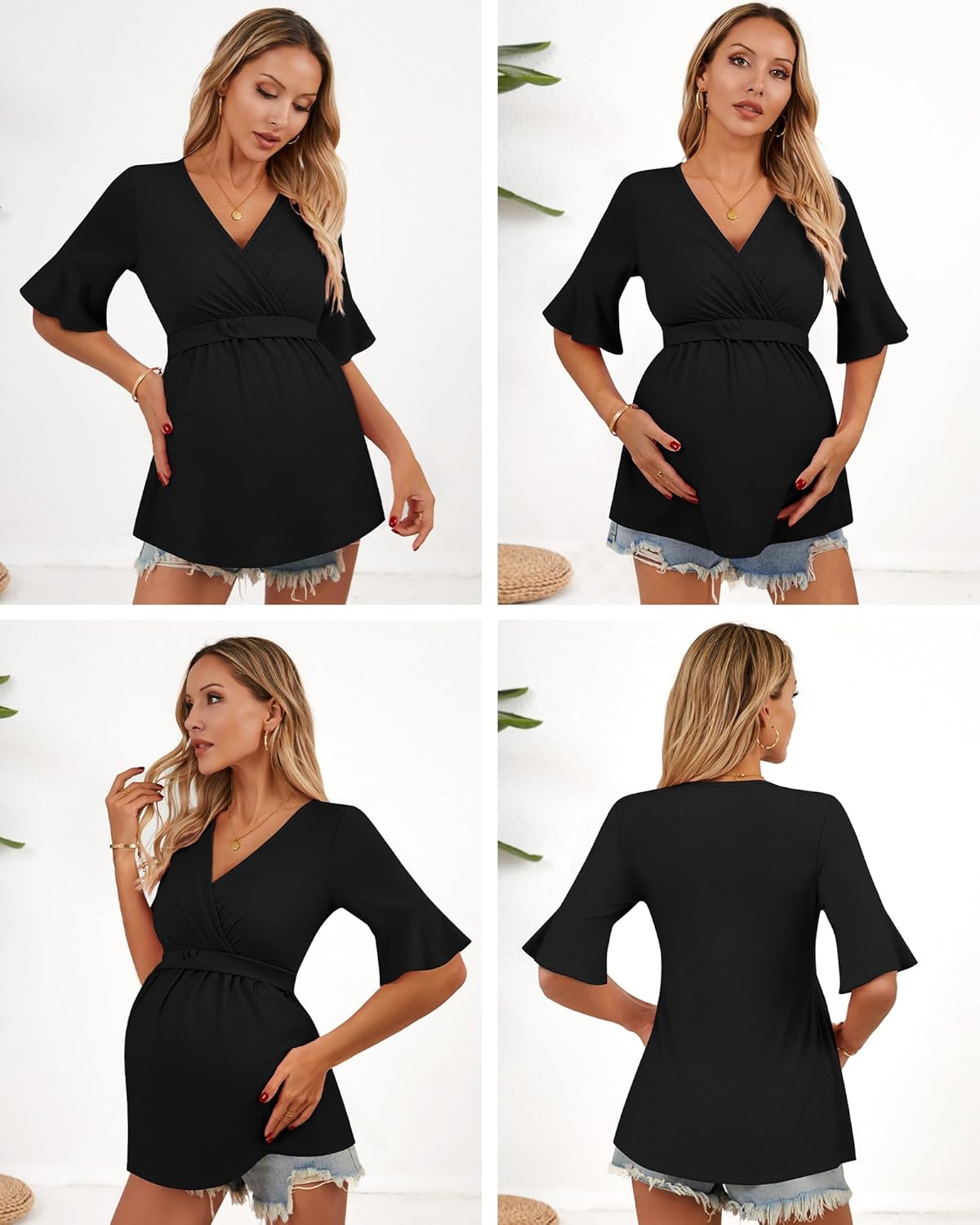 Ficerd 3 Pack Women's Maternity Shirts, Short Sleeve Nursing Tops Ruffle V Neck Breastfeeding Tees Casual Pregnancy Blouses(Black, Light Gray, Army Green,XXL)