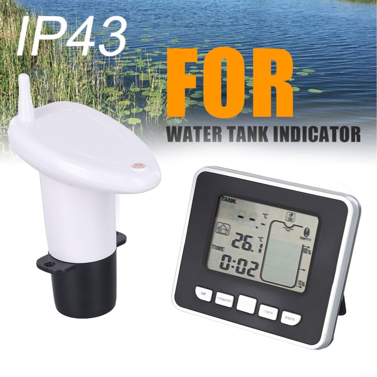 Yuanpgky Kabelloser Füllstandsmesser, großer Reichweite, kabellos, automatischer Wasserstandsregler, Temperatursensor für Regenspülkasten, Pool