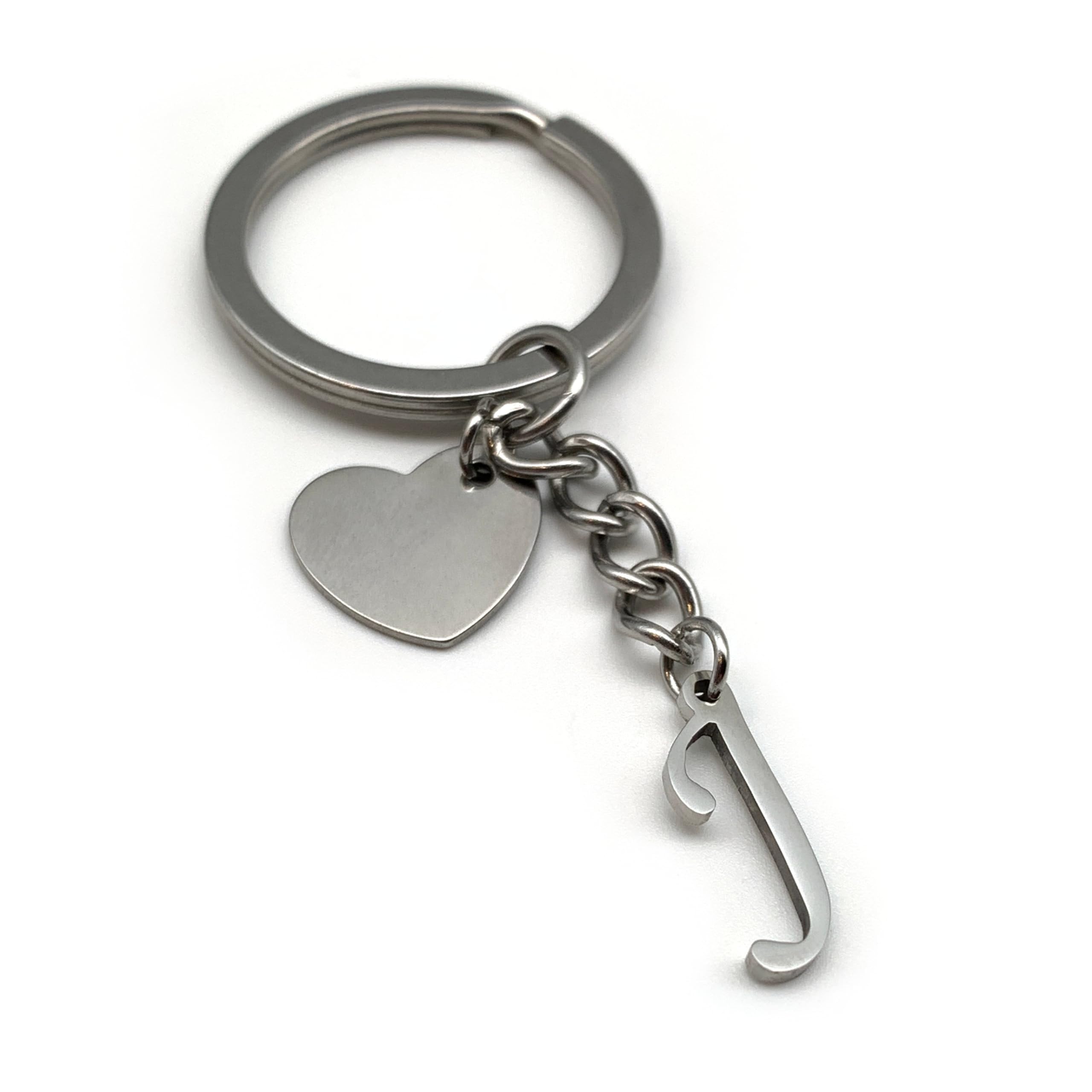 EVEMATE Keyring Letter with Heart - Initial A-Z Pendant Keychain - Handmade Stainless Steel - Name Gift Car Friend Partner (J)