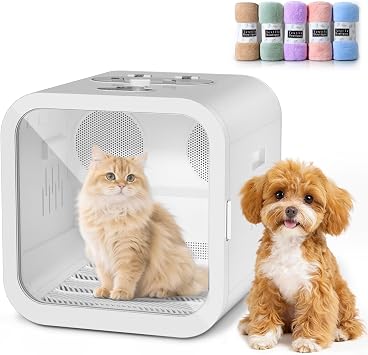 DuckSky 70L Automatic Pet Hair Dryer Box, Dual Motor Fans Blower for Small Dogs and Cats, 360 Drying Grooming, Temp Control, Self-Dryer Boxes with 4 Adjustable Wind & 5 Drying Modes, 5 Towels, White