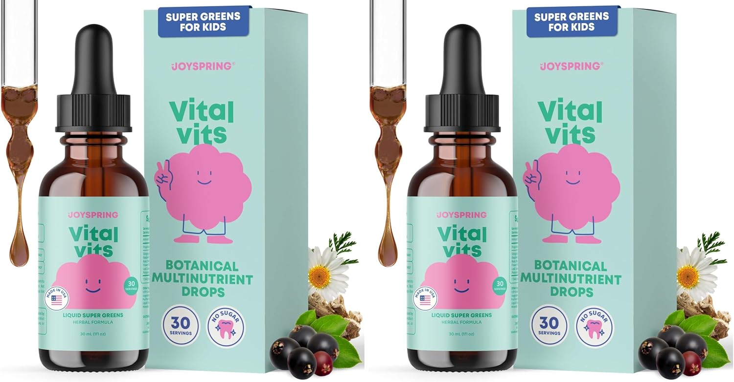 JoySpring Vital Vits - Kids Liquid Multivitamin - 1 fl oz (30 Servings) | Herbal Liquid Vitamins for Kids | Natural Flavor | Toddler Multivitamin with Elderberry, Spirulina, and More (Pack of 2)