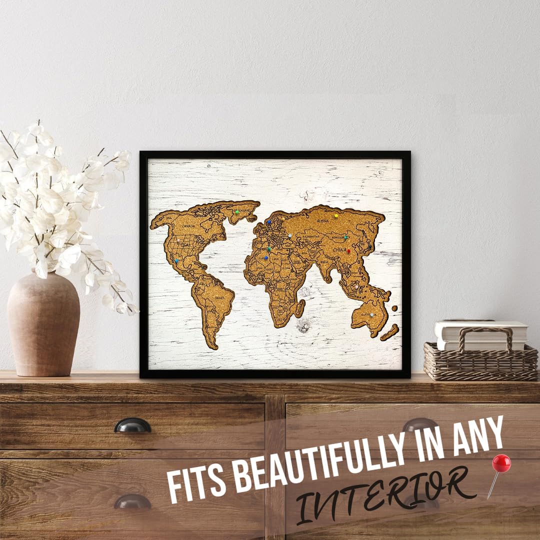 flinelife Cork World Push Pin Map,12X10, World Travel Map With Pins, Perfect For Couples or Retirement Gift