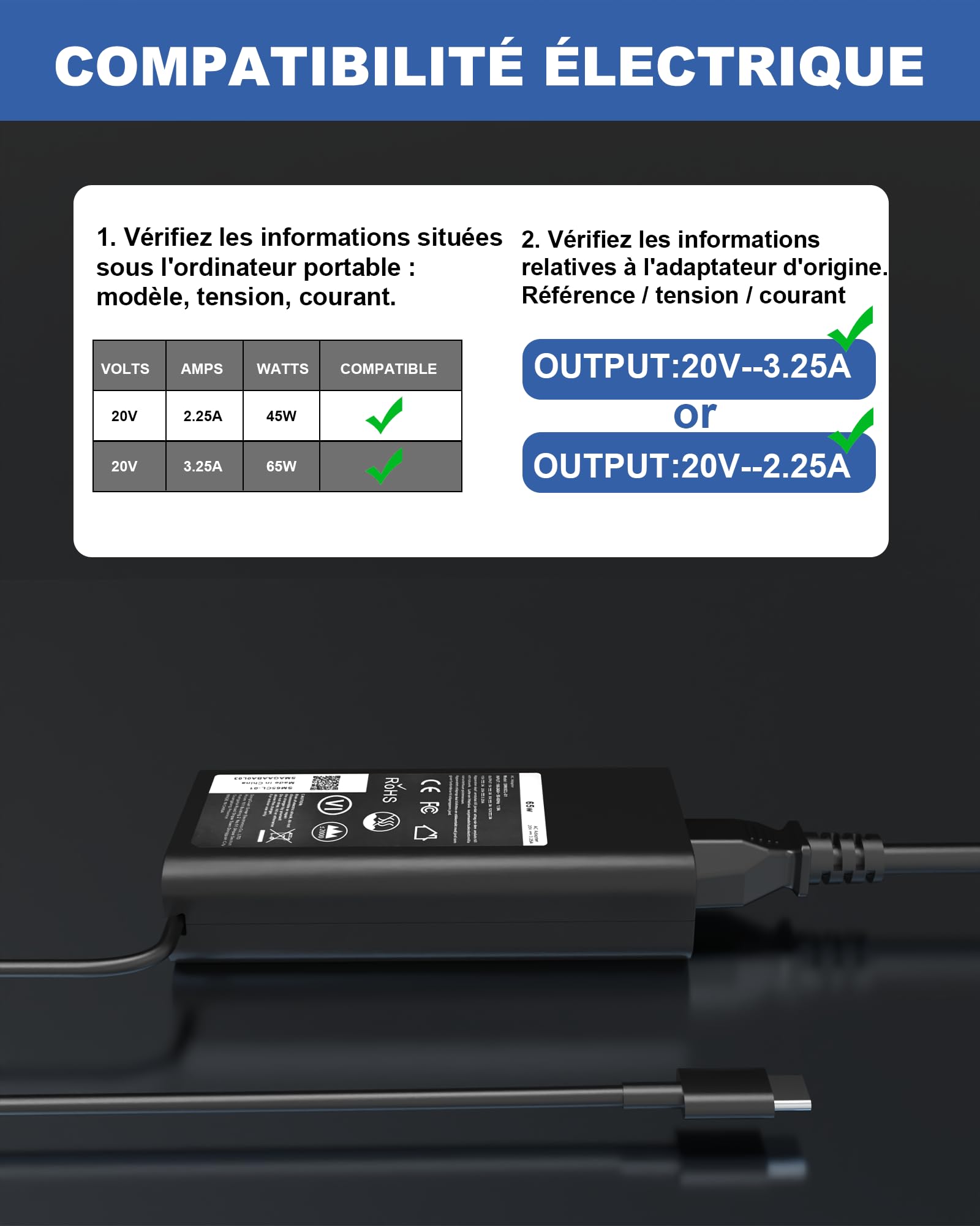 Chargeur 65W USB C pour Dell Pro 16 14 13 Plus Latitude 5420 5430 E5440 5550 5530 5450 5540 5520 7420 7440 5400 3550 3450 XPS 13 Chromebook 3100 Type C Computer Chargeur