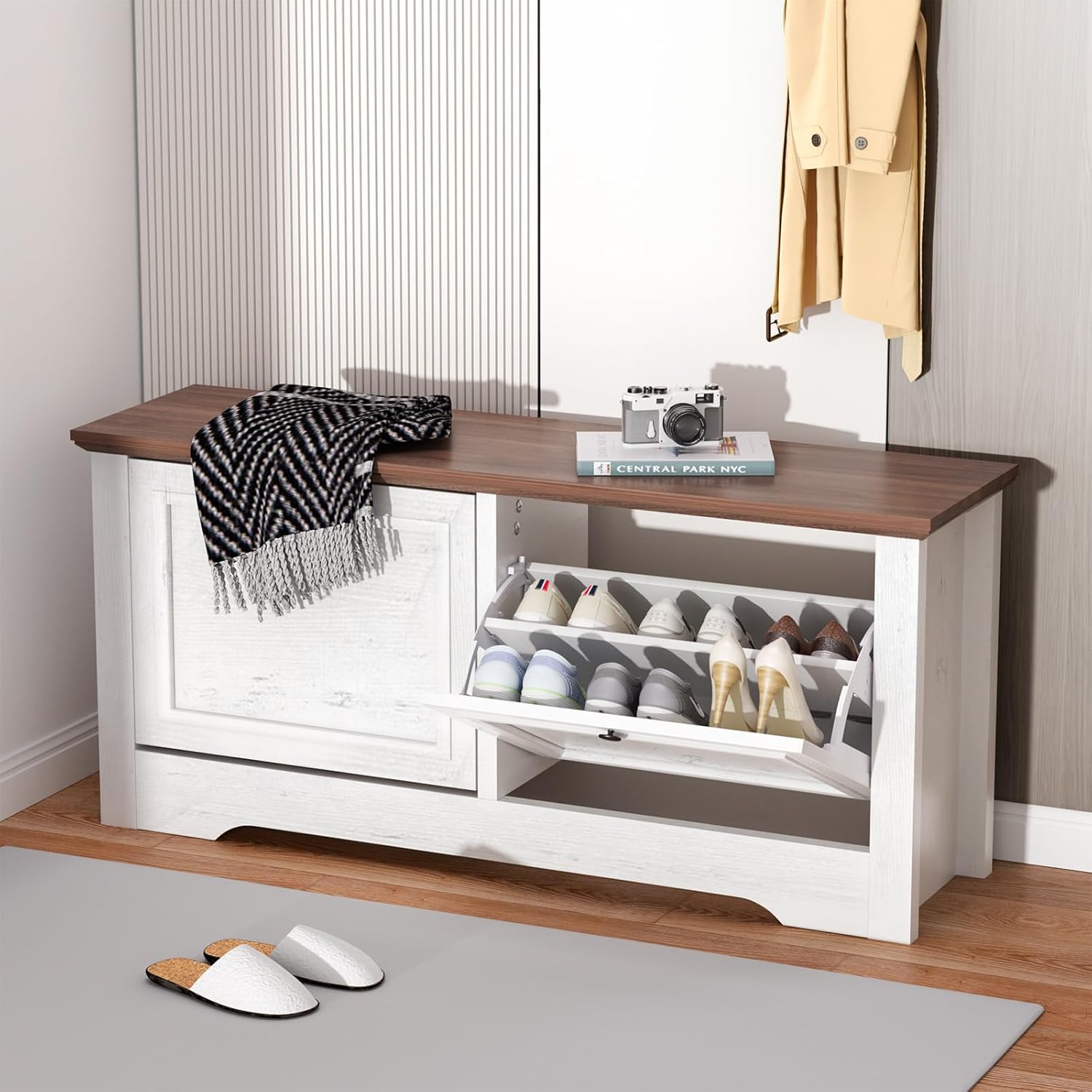 Shoe Storage Bench with Flip Drawers, Entryway Shoe Cabinet with Seat, Wooden Shoe Organizer Bench for Hallway, Foyer, Living Room, Small Space, White Walnut