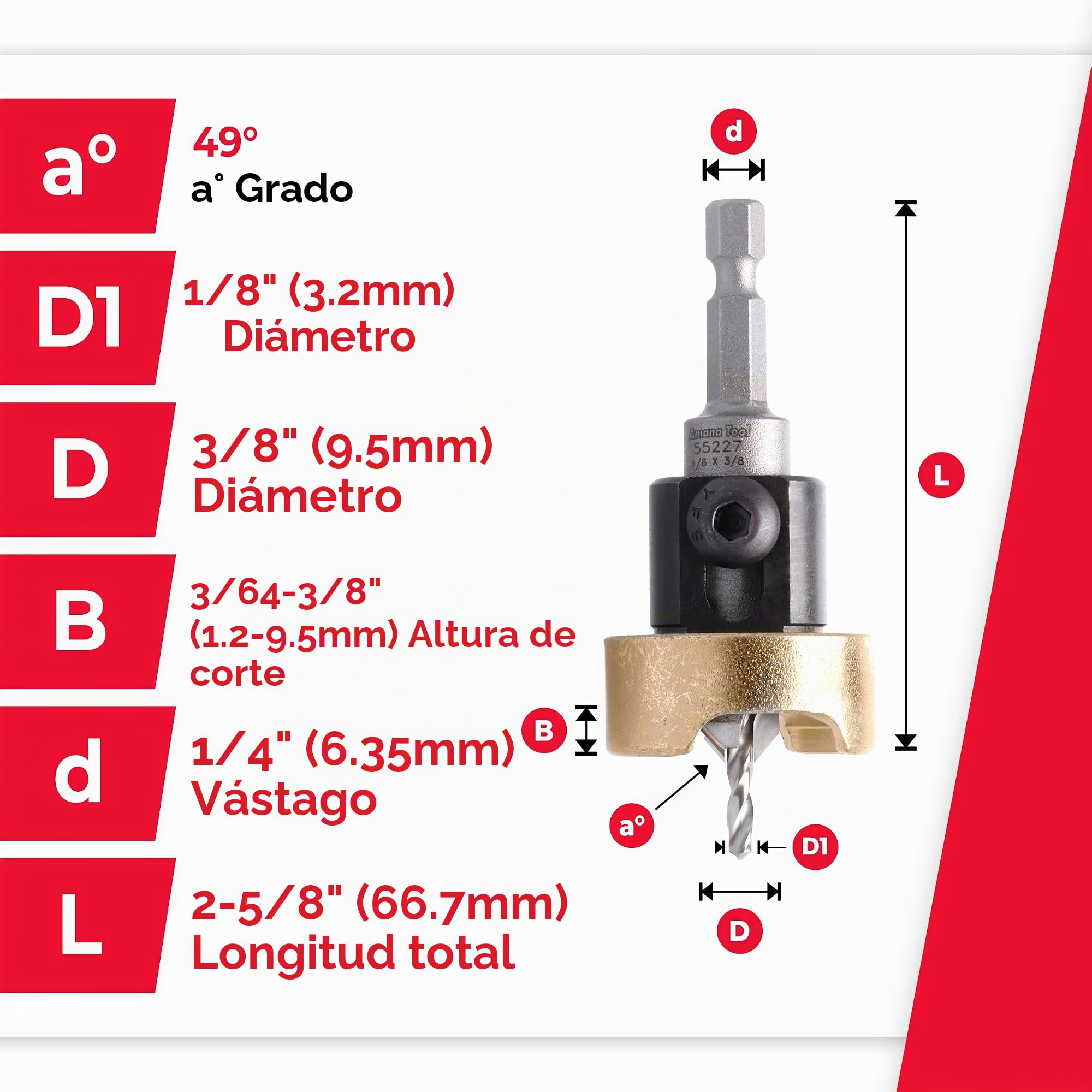 Amana Tool 55227 Avellanador con punta de carburo sin quemaduras y sin cascarones Tope de profundidad ajustable con BB sin empuje, taladro de 3/8 de profundidad x 1/8 de profundidad x 1/4 de pulgada hexagonal de liberación rápida SHK