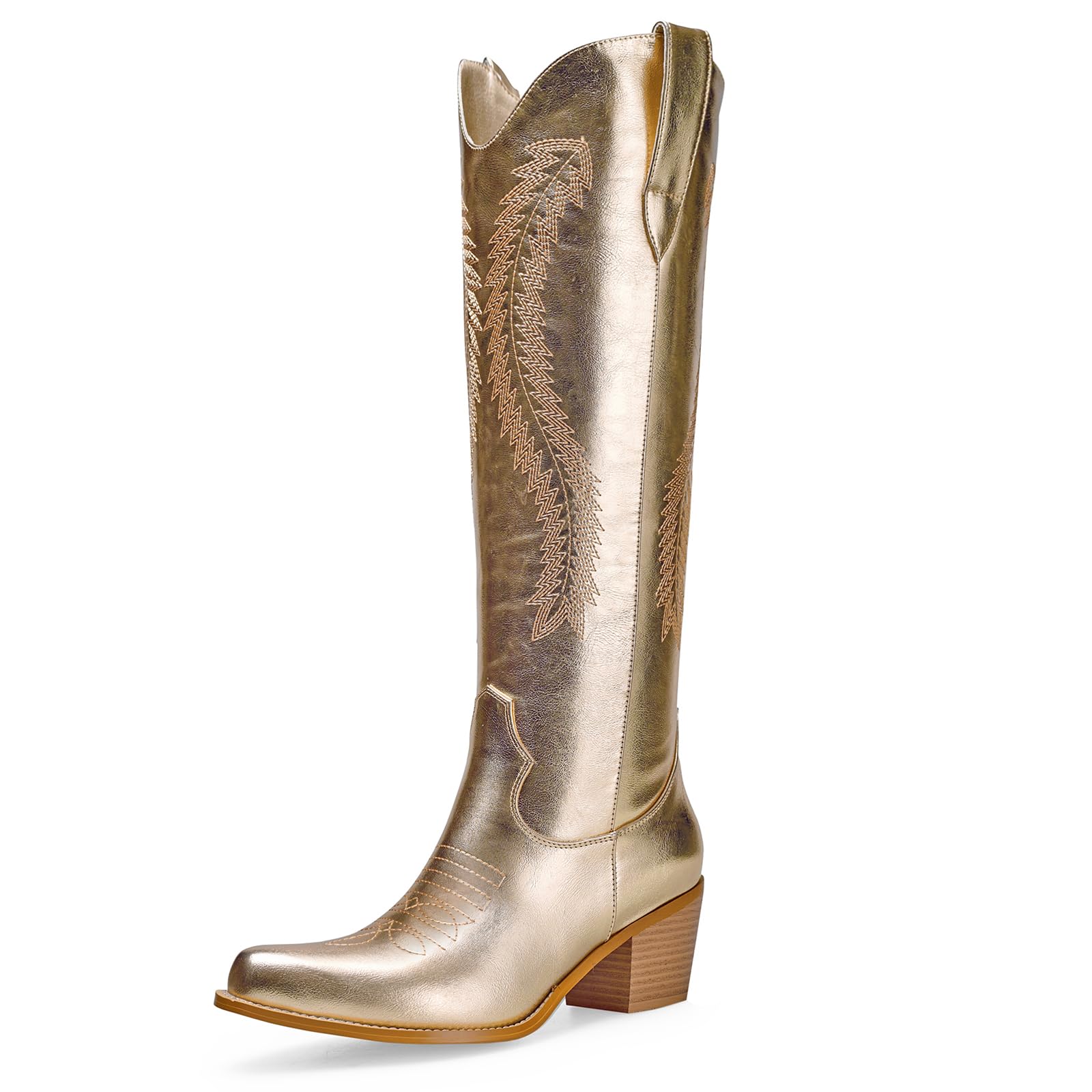 driceic Women's Metallic Knee High Cowboy Boots Western Embroidered Tall Cowgirl Boots Almond Pointed Toe Chunky Heel Wide Wedding Party Bootie For