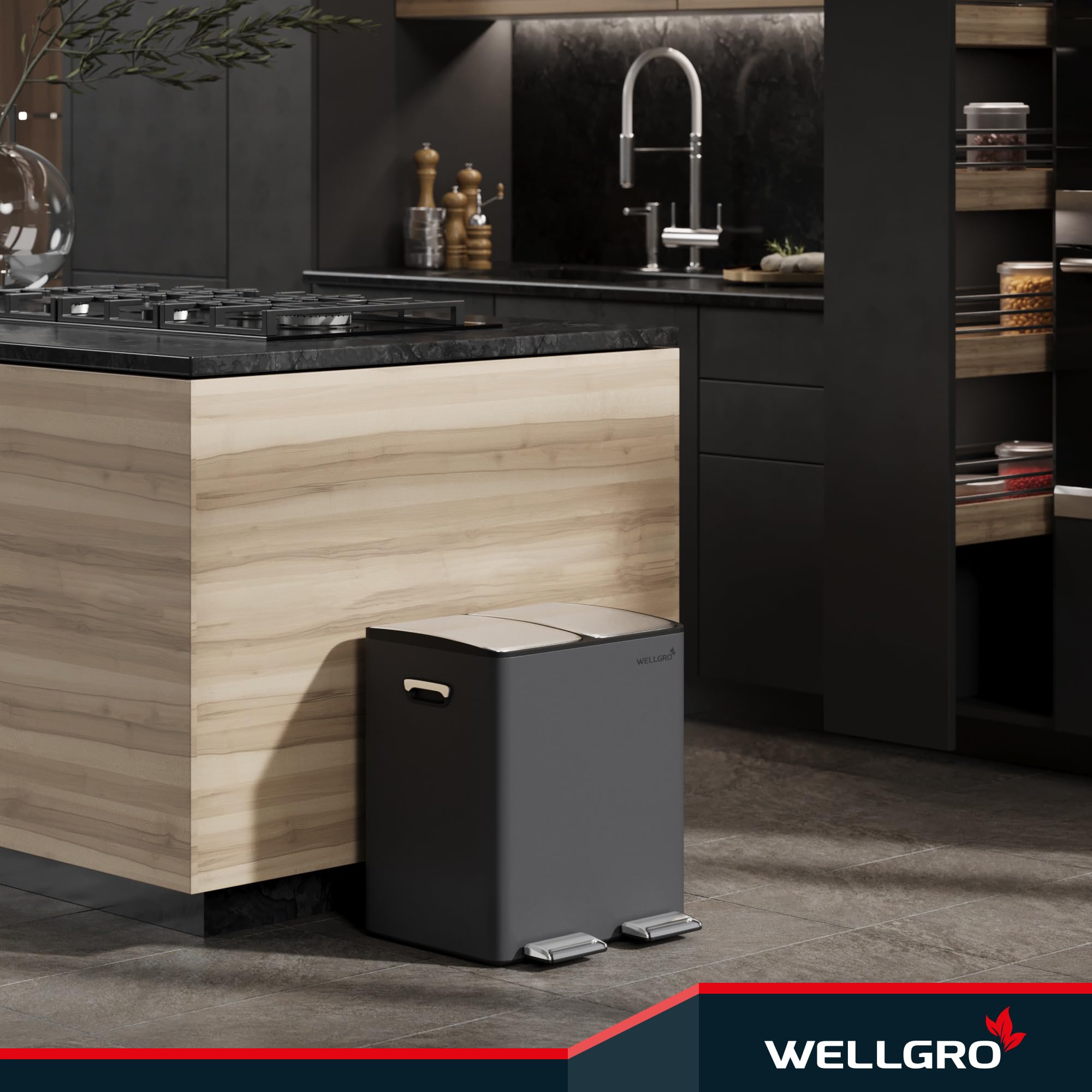 WELLGRO Mülleimer Küche 30 Liter – Edelstahl Treteimer 2x15 Liter grau mit Softclose-Deckel, Mülltrennsystem mit 2 Fächern und Kunststoff-Inneneimern