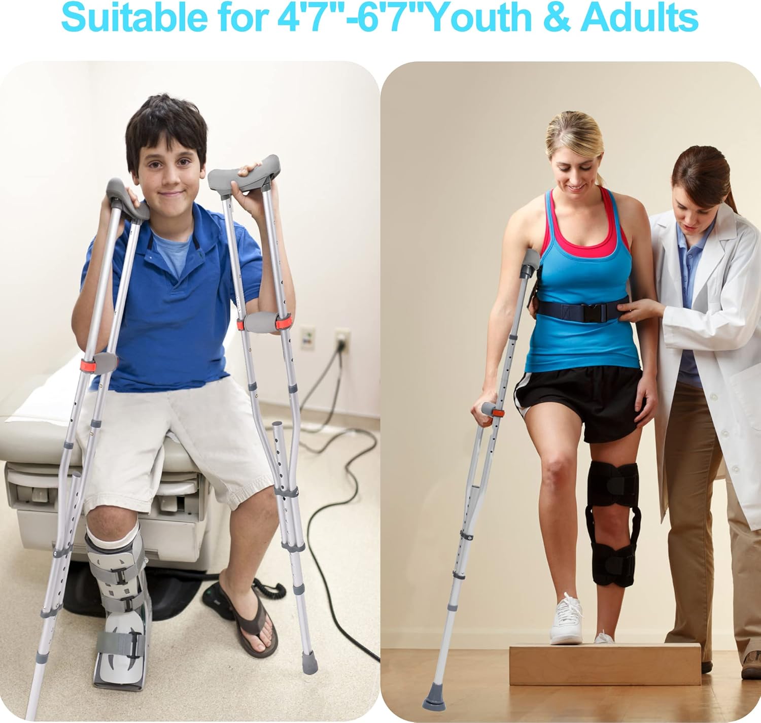 Endynino 1 Pair Adjustable Crutches for Adults, Teenagers, Lightweight Aluminum Crutches w/Comfortable Underarm Pads & Rubber Handle & Non-skid Feet for Walking