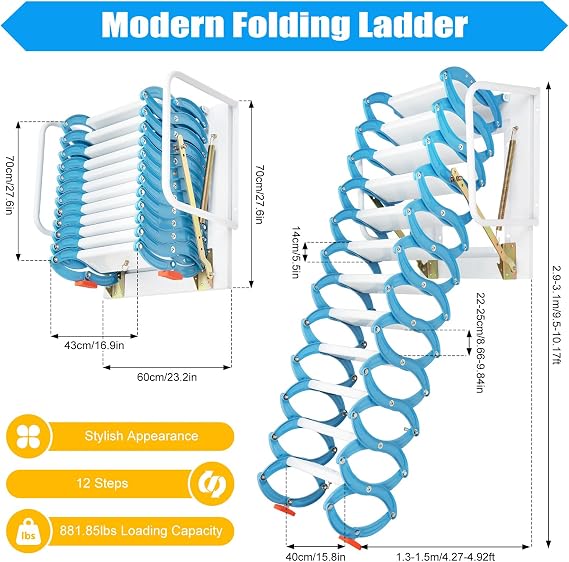 Wall-Mounted Folding Attic Ladder, 9.5-10.17ft Pull Down System, 12-Step Alloy Attic Access Ladder, Up to 880lbs