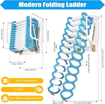 Wall-Mounted Folding Attic Ladder, 9.5-10.17ft Pull Down System, 12-Step Alloy Attic Access Ladder, Up to 880lbs