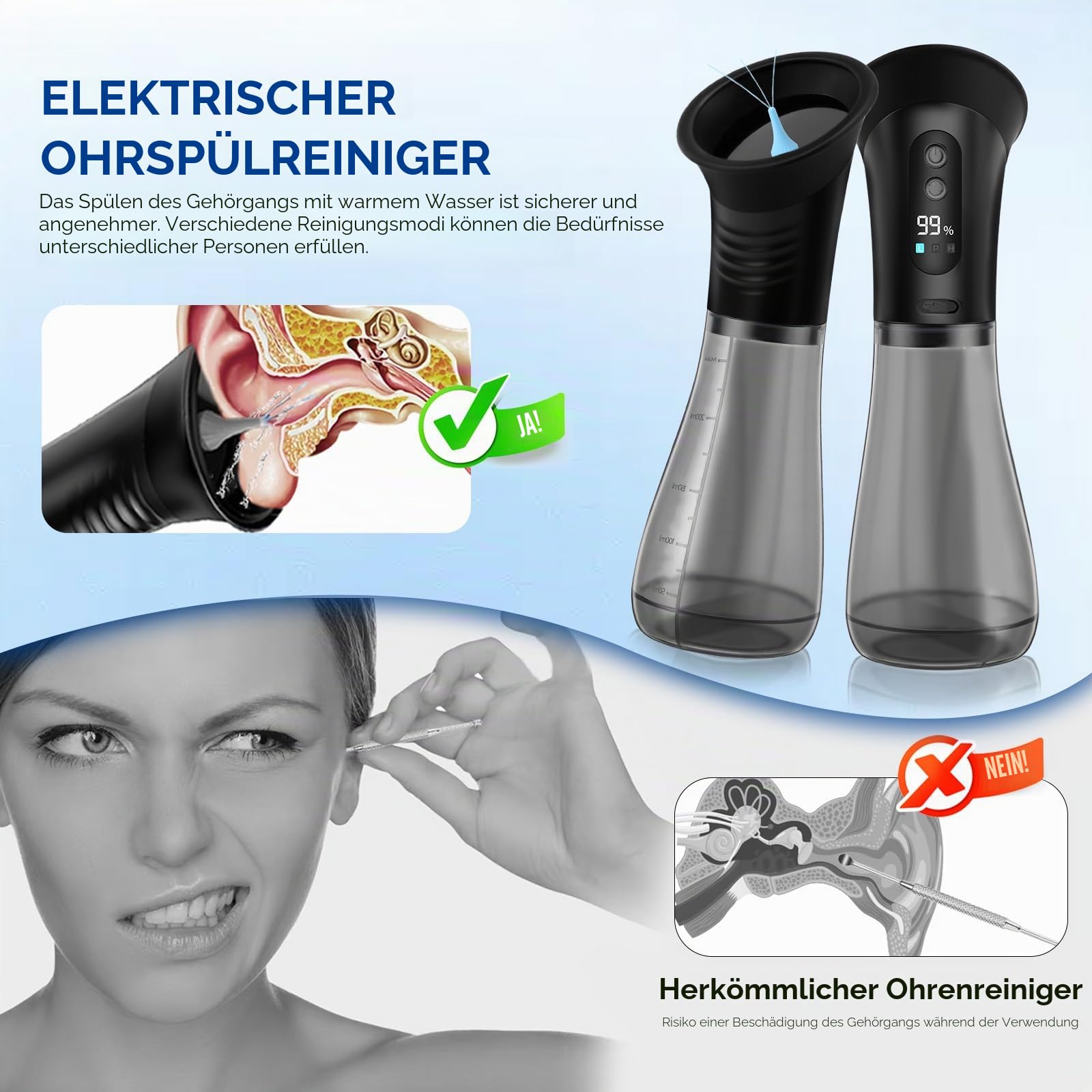 Elektrischer Ohrenschmalz Entferner, Wiederaufladbarer Ohrreiniger, Ohrensauger & Ohrspülung Gerät mit Doppeltank, 3 Modi, LED Akkuanzeige, IPX7 Wasserdicht, Für Erwachsene, Schwarz