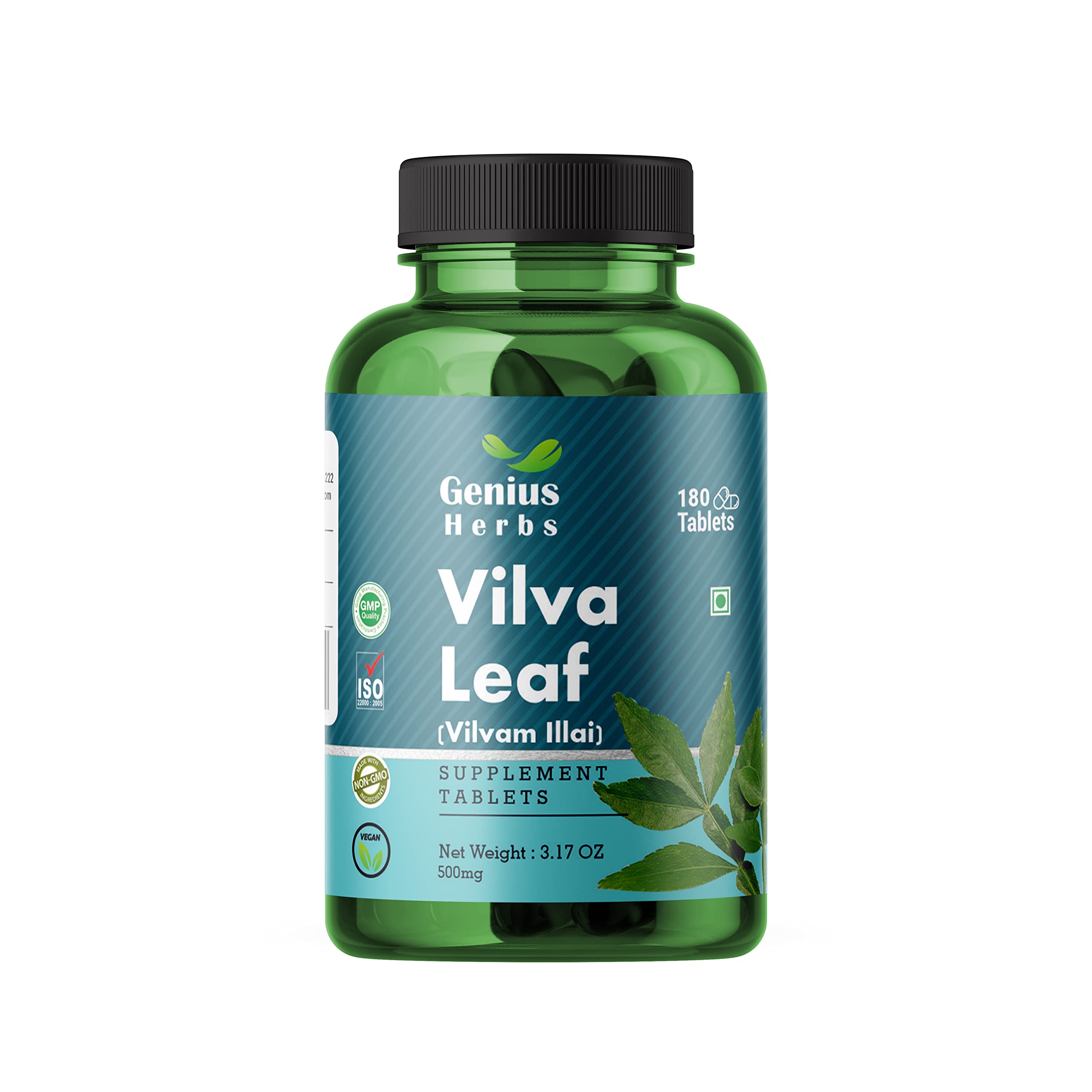 Genius Herbs Vilva Leaf Tablets - 1000mg Per Serving 180 Tablets, Vilva Leaf Health Supplement for Men & Women/Blood Purifying/Cholesterol Management/Skin Health