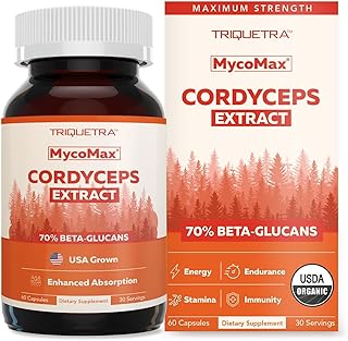 Organic Cordyceps Mushroom Extract - 70% Beta Glucans - Highest Active Nutrient Levels, Max Potency Cordyceps Capsules, US Grown + Ultrasonic Extraction - Performance, Immunity & Energy - 60 Capsules