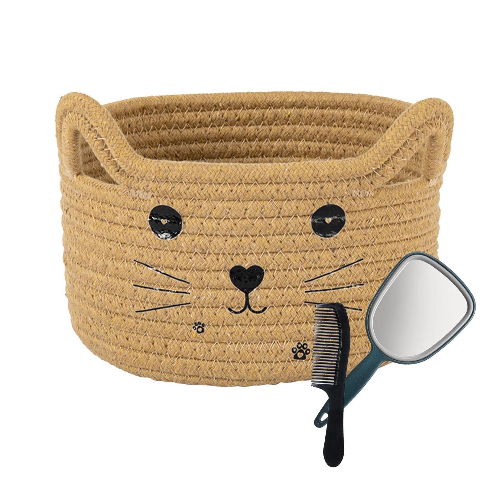 GEDOX Cat Basket Storage, Cat Baskets Large Woven Cotton Rope Storage Basket, Cute Cat Design Animal Laundry Basket Organizer for Towels With Jute Handles, 1, Brown