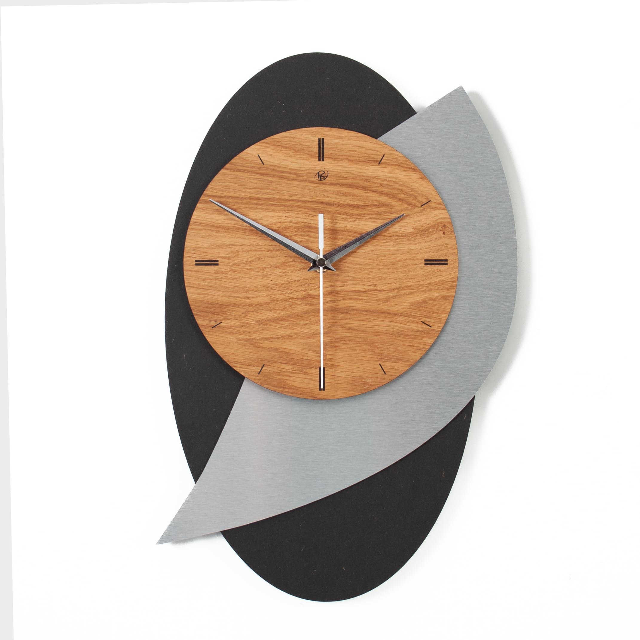 Designer Wanduhr Black Dome aus Holz in modernem Metallic-Look braun, schwarz, Silber; Größe 29x40cm; mit leisem Uhrwerk (leises Funkuhrwerk)