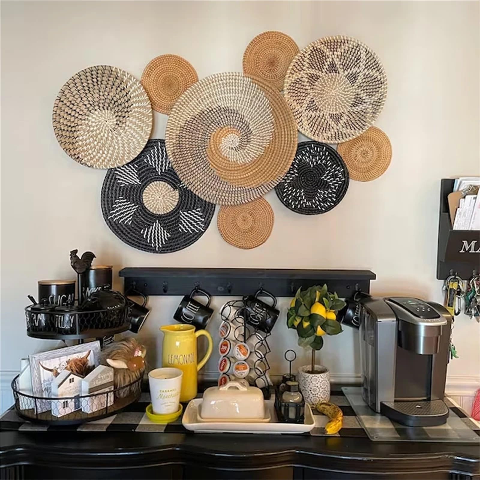 Betthusse aus Baumwolle 9PCS Wanddekoration Rattan Wanddekoration Korbgeflecht Wanddekoration Hängender Wandkorb Korbgeflecht Wandtablett for Wohnzimmer