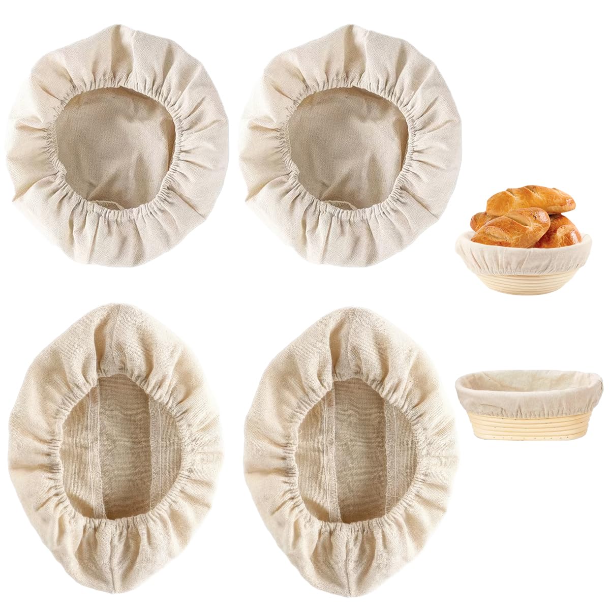 4 Pezzi Cestino da Lievitazione, 25 cm Cestino Rotondo da Lievitazione, Cesto in Rattan Naturale con Tela di Lino, Cestino per La Fermentazione, Accessori per Cottura Del Pane