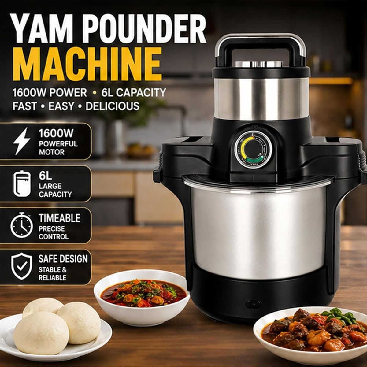Automatyczna maszyna do wyciskania żywności 6L Yam Pounding Machine1600W Swallow Maker Robot kuchenny Służy od 5 do 6 osóbŁatwy do czyszczenia ze stali nierdzewnej Yam Pounder do Fufu Amala Banku