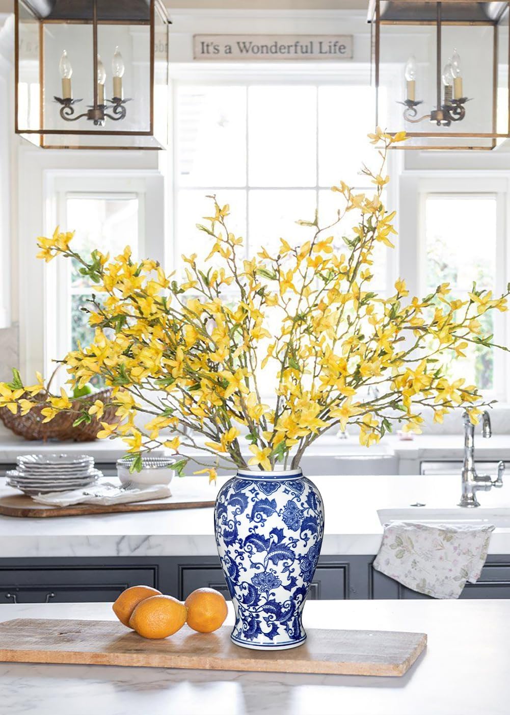 Blue and White Vase, Ceramic Vase for Home Decor 9.2" Chinoiserie Vases for Flowers Blue and White Porcelain Flower Vases for Living Room, Bathroom, Dinner Table Centerpieces