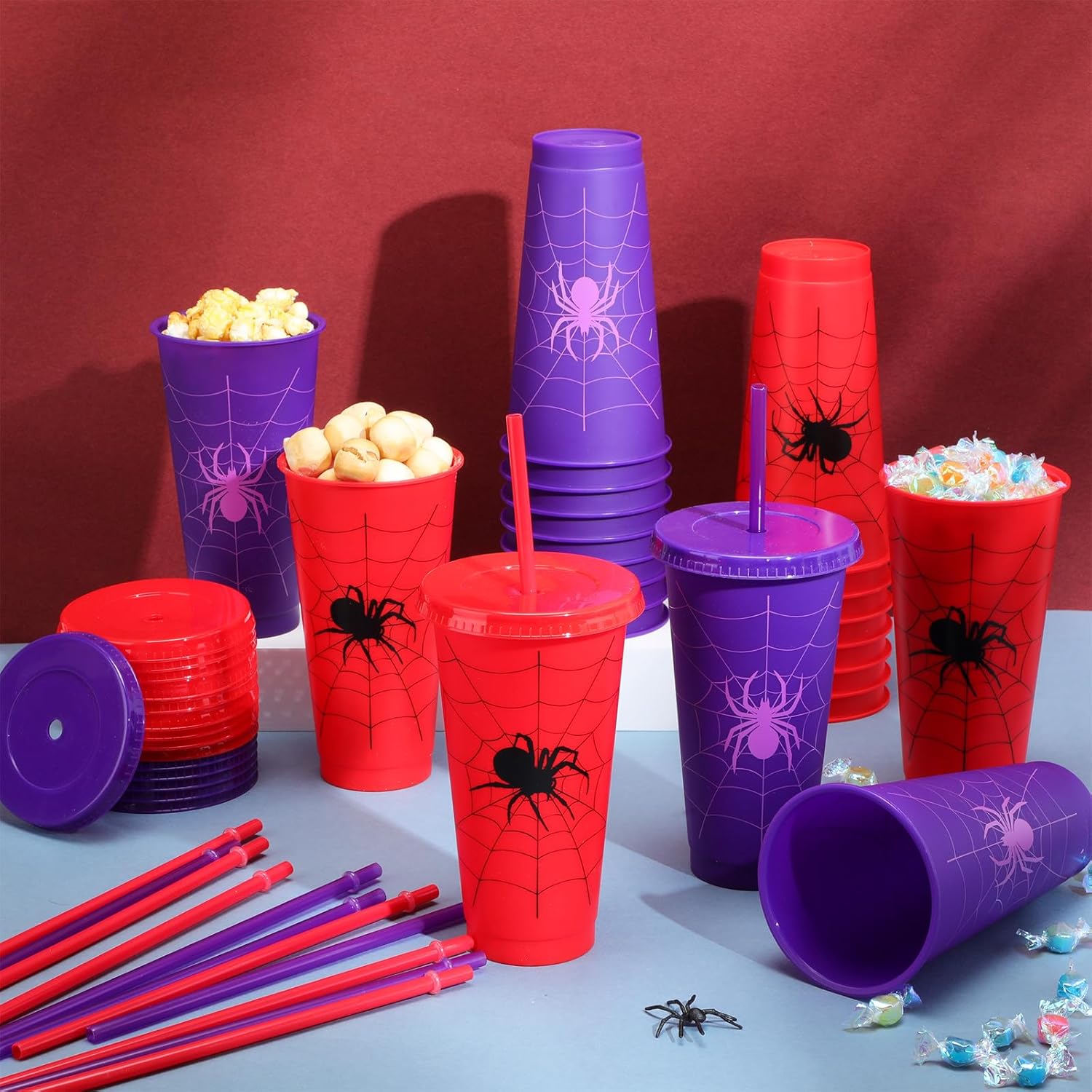 Qinyoung 24 Sets 24 oz Spider Cups Spider Birthday Party Supplies Reusable Red Purple Web Themed Plastic Cups with Lid and Straw Bulk for Birthday Halloween Party Decorations Favors Celebration Gifts