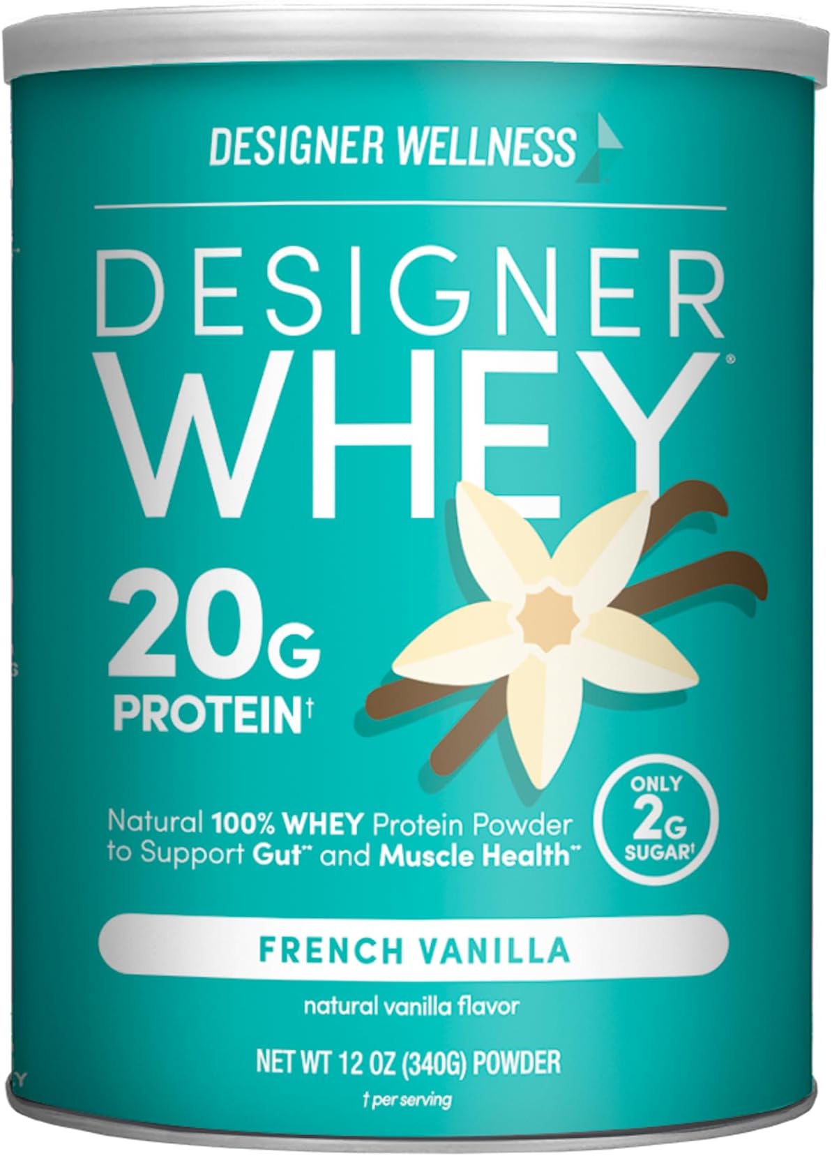 Designer Whey Natural 100% Whey Protein Powder with Probiotics, Fiber, and Key B-Vitamins for Energy, Gluten-free, Non-GMO, French Vanilla 12 oz