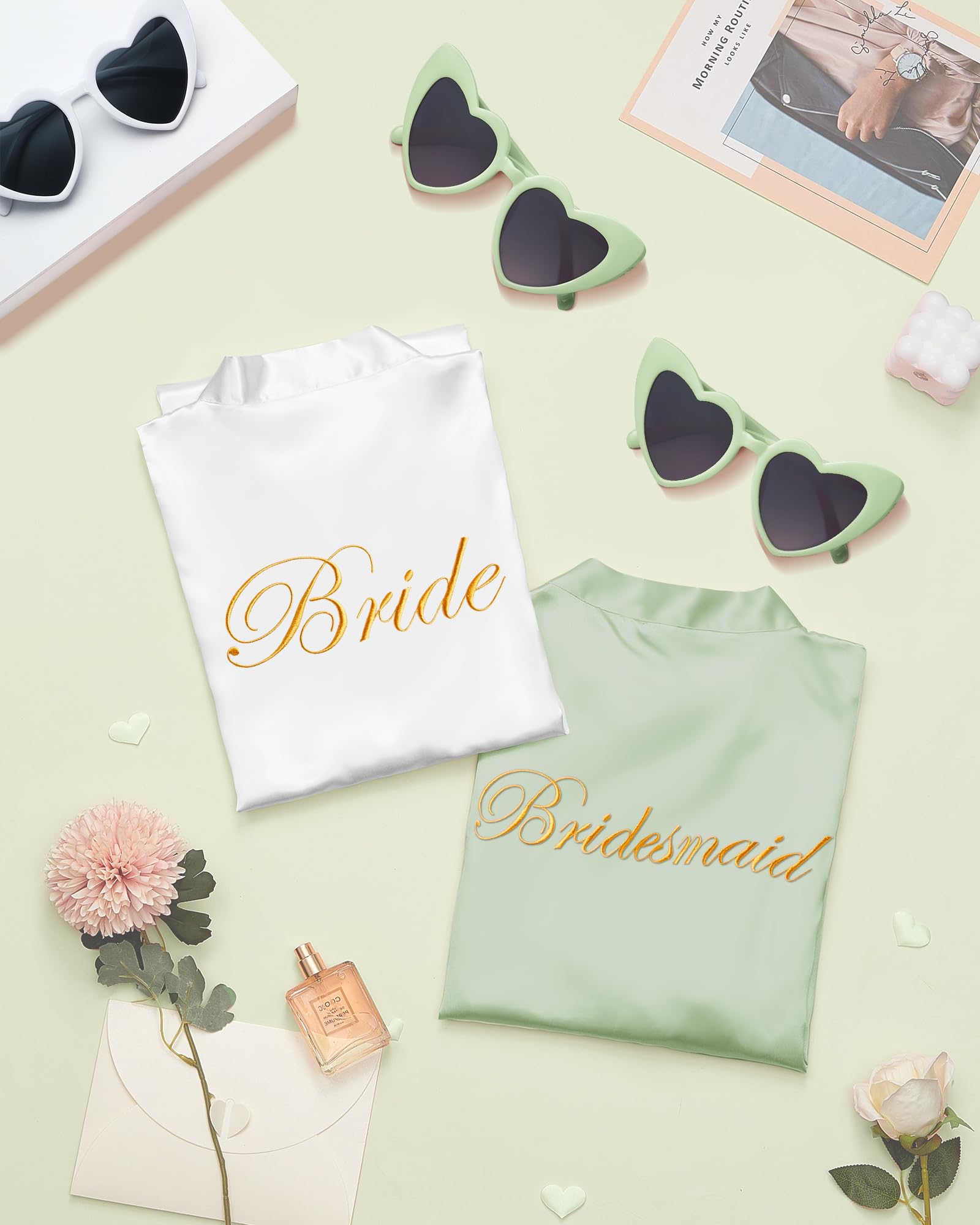 Xuhal Lot de 7 peignoirs de mariée et de demoiselle d'honneur en satin avec lunettes de soleil en forme de cœur