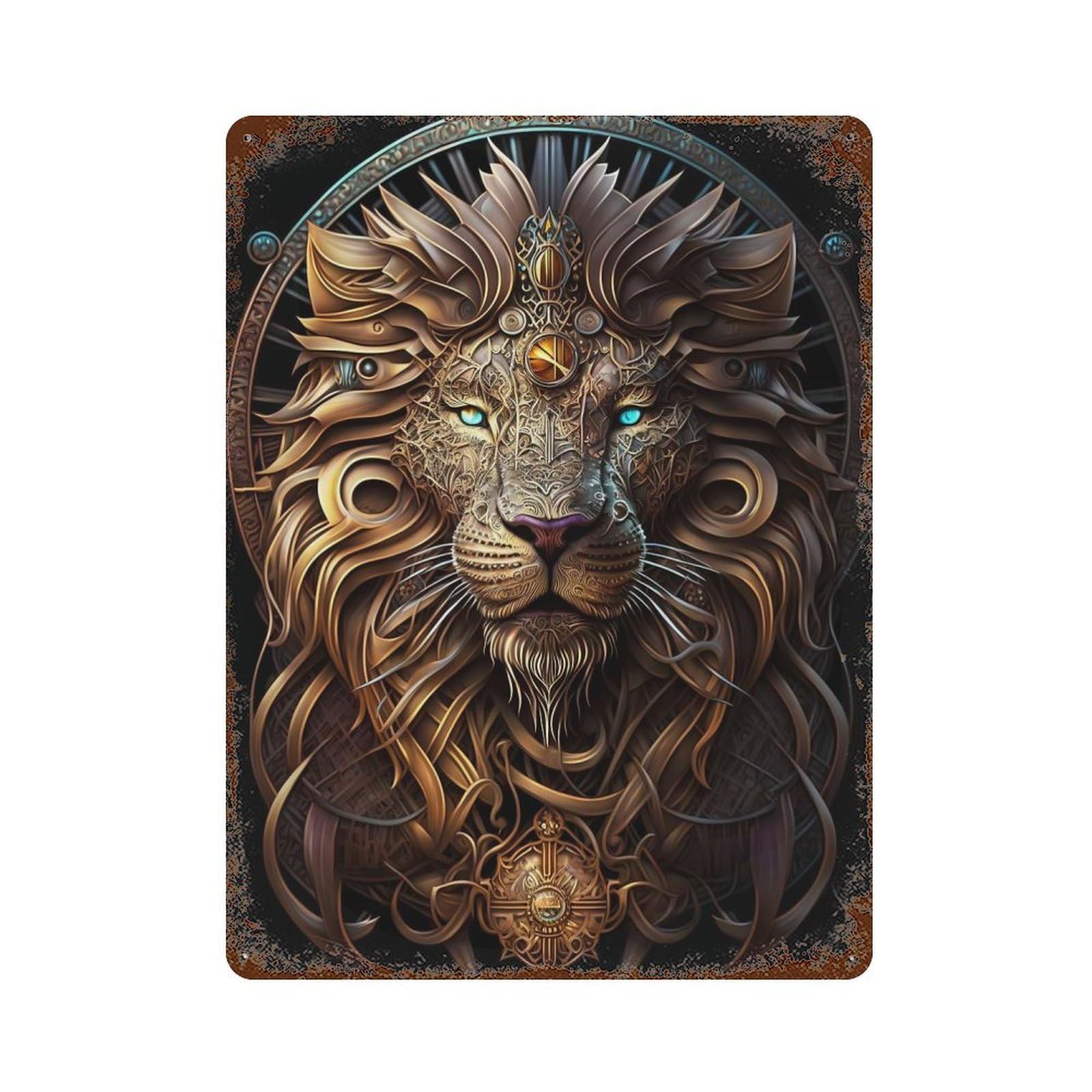 Mystical Cosmic Lion Rust Effect Tin Sign 15.7"x11.8", Farmhouse Wall Decor for Living Room, Hallway And Home Decor