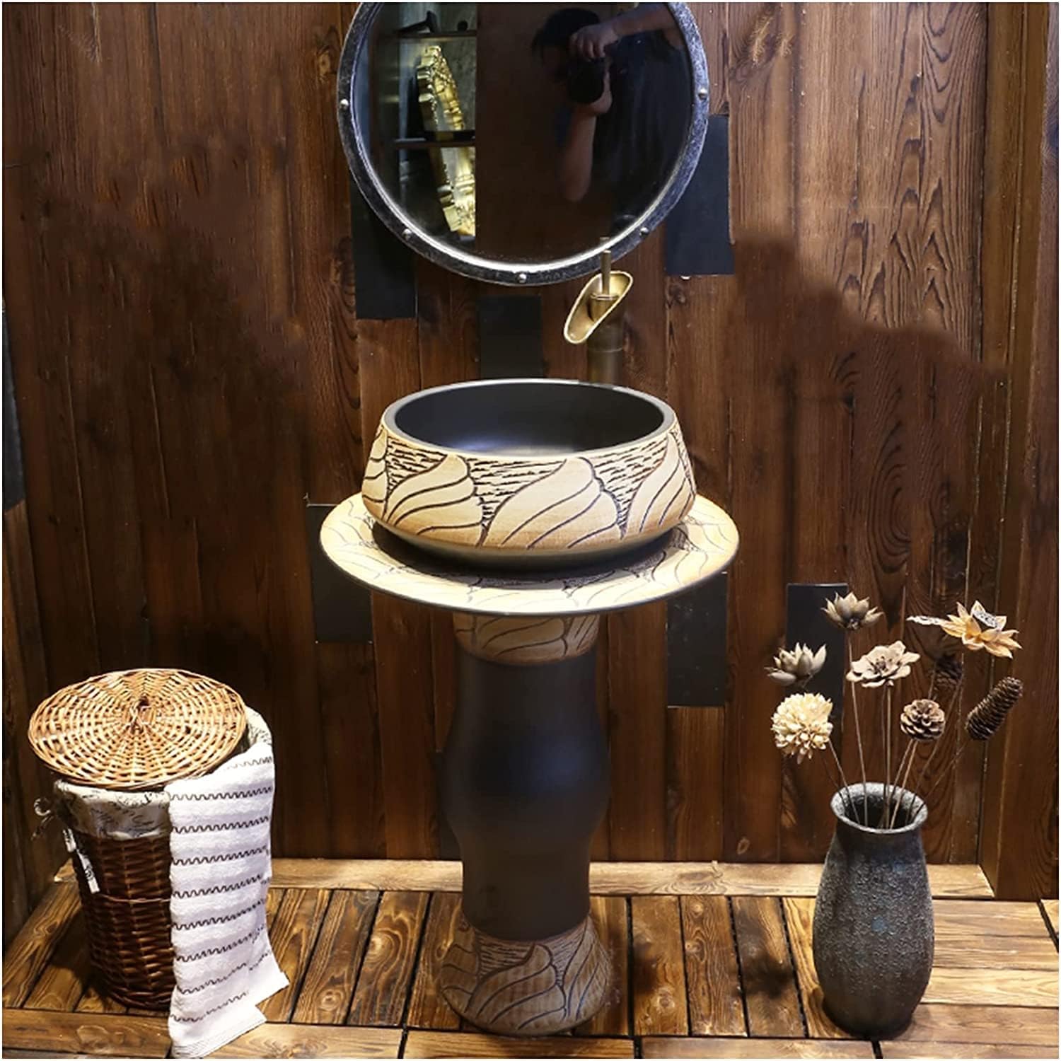 Art Bathroom Washbasin Sink with Full Pedestal Artistic Pedestal Sink Combination Sink Washbasin Handmade Faucet and Drain (G with Mirror)