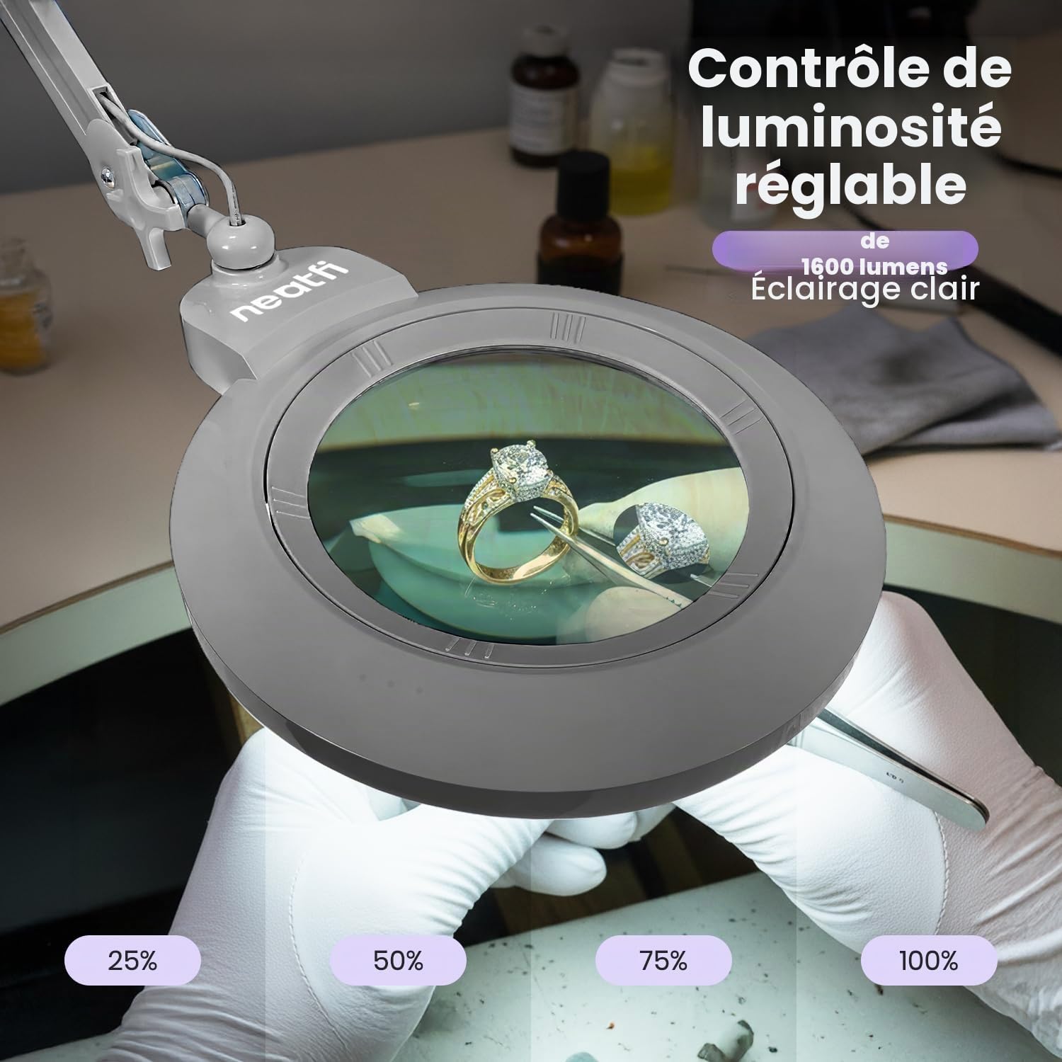 Neatfi XL Lampe Loupe LED Bifocale, Lentille Acrylique de 18 cm (7 po), Intensité Réglable | Bras Ajustable, Travail de Précision Mains Libres | Loisirs Créatifs (Argenté, lentille de 18 cm)