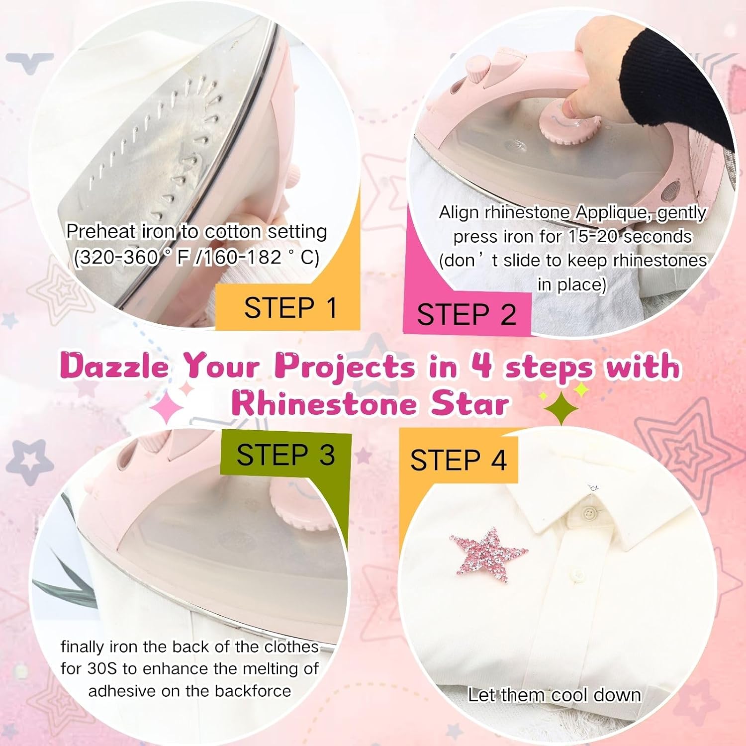 Bijou Joon 14 Pcs Pink Rhinestone Stars Self Adhesive Star Patches Iron on with Rhinestone Applique Patches for Clothes DIY Handbag Ornament Bridal Wedding Dress Fabric Accessories