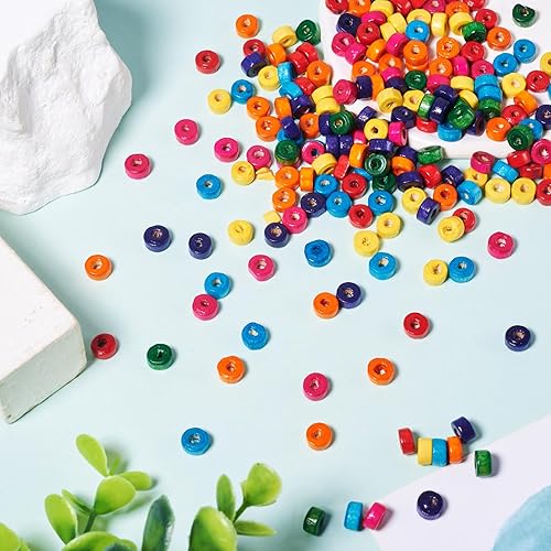 Miniatura 7 de Craftdady 200 cuentas espaciadoras de madera redondas planas naturales de 0.236 x 0.118 in, colores mezclados, cuentas sueltas de madera para hacer