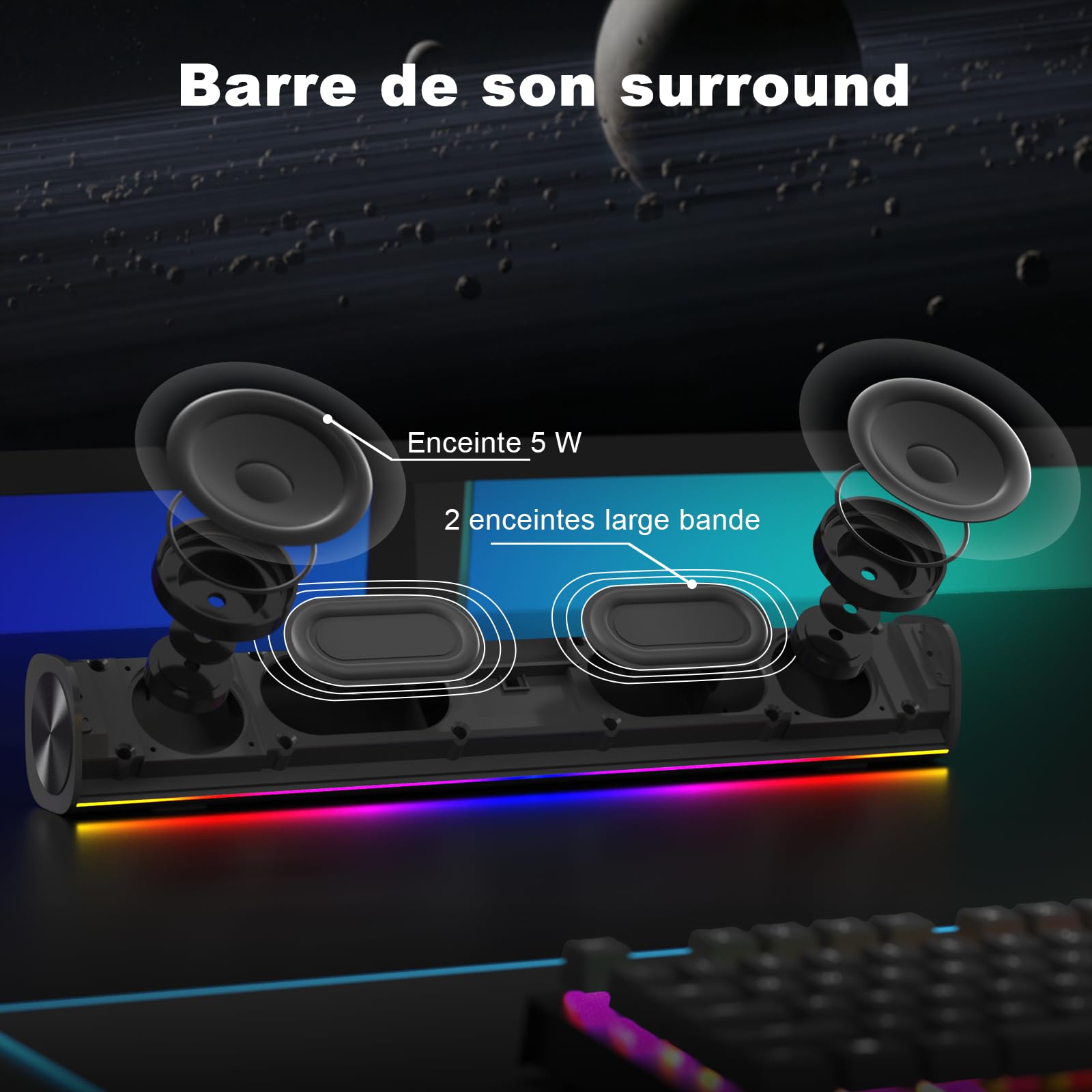 SOULION R100 Enceinte PC, Bluetooth Barre de Son PC avec Synchronisation/Affichage Audio-Lumière, pour PC, Tablette, Smartphone, 42 x 6 x 6cm (Alimenté par USB)