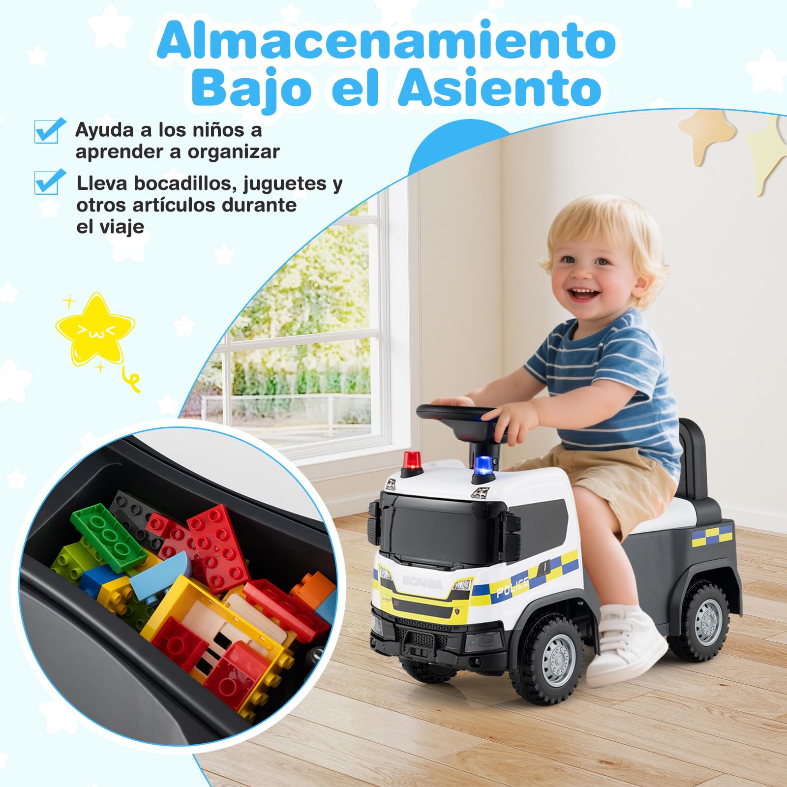 COSTWAY Correpasillos Bebé, Coche Correpasillos para Niños con Bocina, Música, Sonidos y Luces de Bombero/Construcción/Policía, Andador con Almacenaje para Niños de 18+ Meses (Blanco)