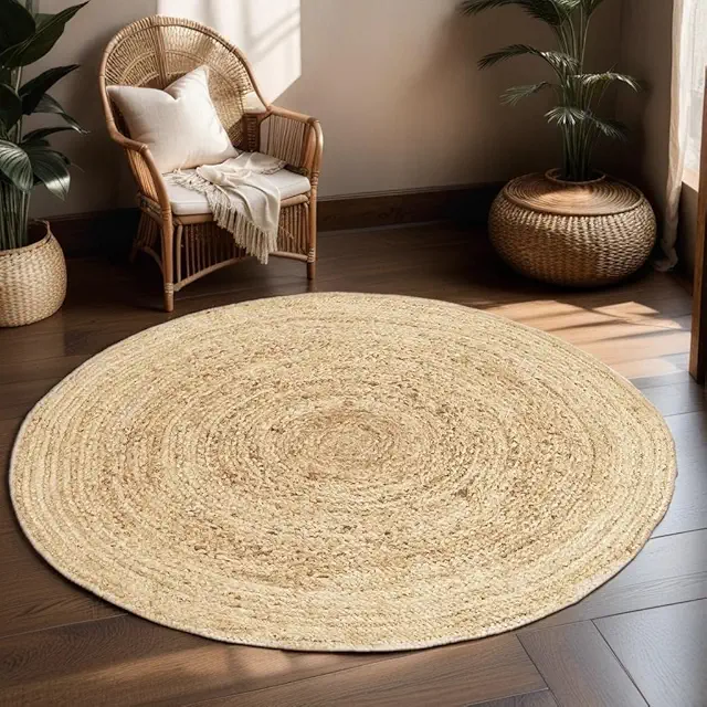 Rund Jute Matta Ø 100cm Naturlig Handgjord - Boho Living Room Rug