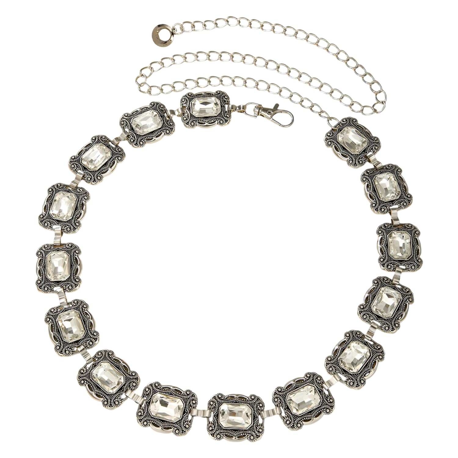 syga Women's Adjustable Waist Chain With Antique Rectangular Blue Stone Design Silver Metal Decorative Belt For Dress, Saree, Lehenga (Silver)-picture-27