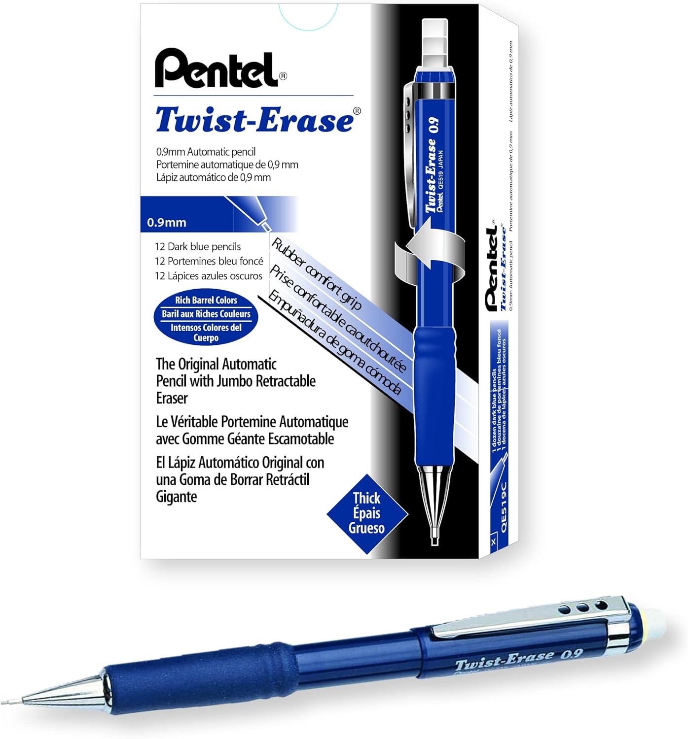 Pentel Twist-Erase III Mechanical Pencil, (0.9mm), Blue Barrel, Box of 12 (QE519C)