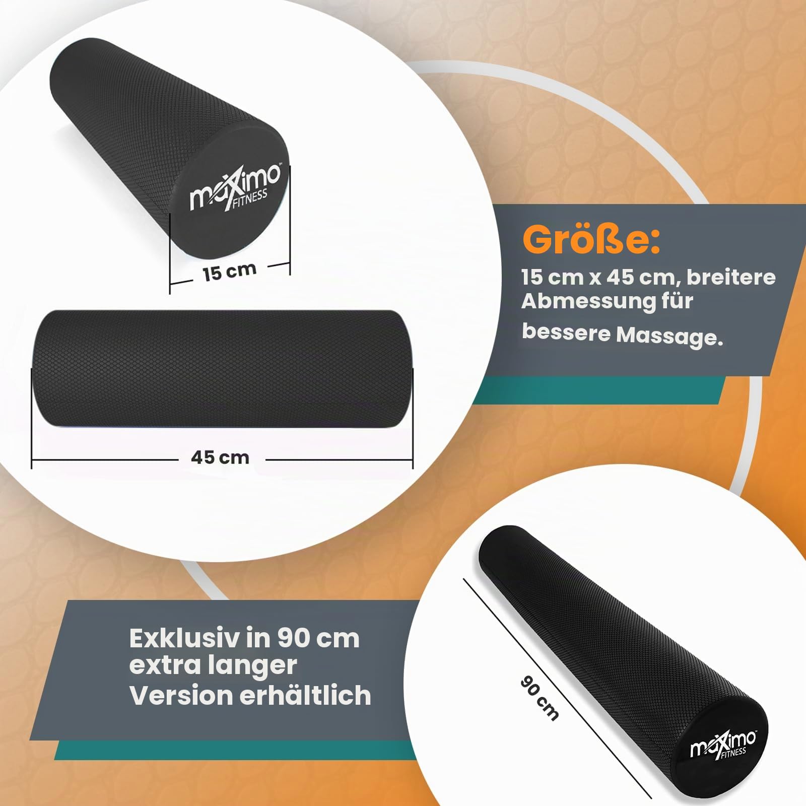 Maximo Fitness Faszienrolle für Wirbelsäule & Rücken, Beine, Arme (45x15 cm) - Mittel-Harte Massagerolle für Yoga, Pilates, Regeneration nach Sport