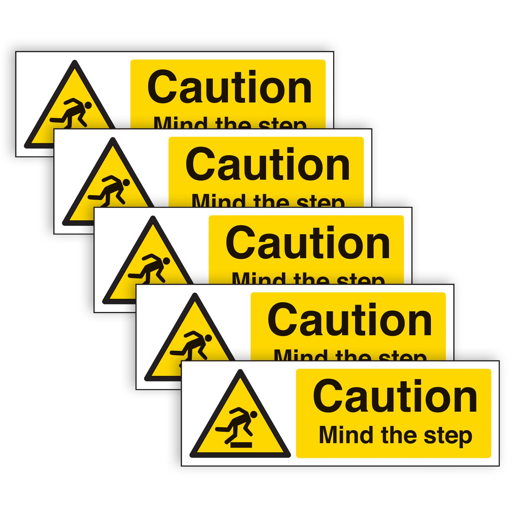 V Safety CAUTION MIND THE STEP Safety Sign - Highly Visible and Durable Self-Adhesive Vinyl - 300mm x 100mm (Pack of 5)