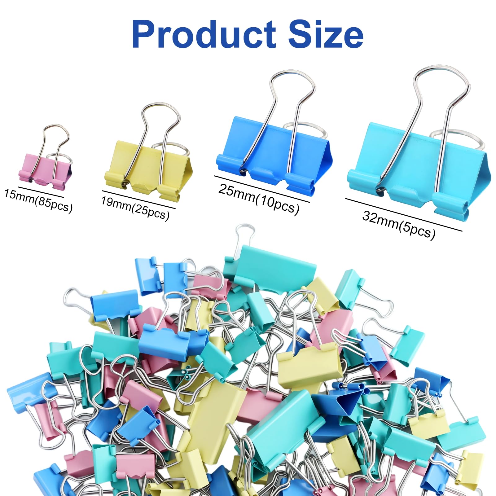 125 pinzas plegables multicolores, 15 mm/19 mm/25 mm/32 mm, pinzas pequeñas para papel, clips de metal, clips multiusos para papel de carta, artículos de oficina
