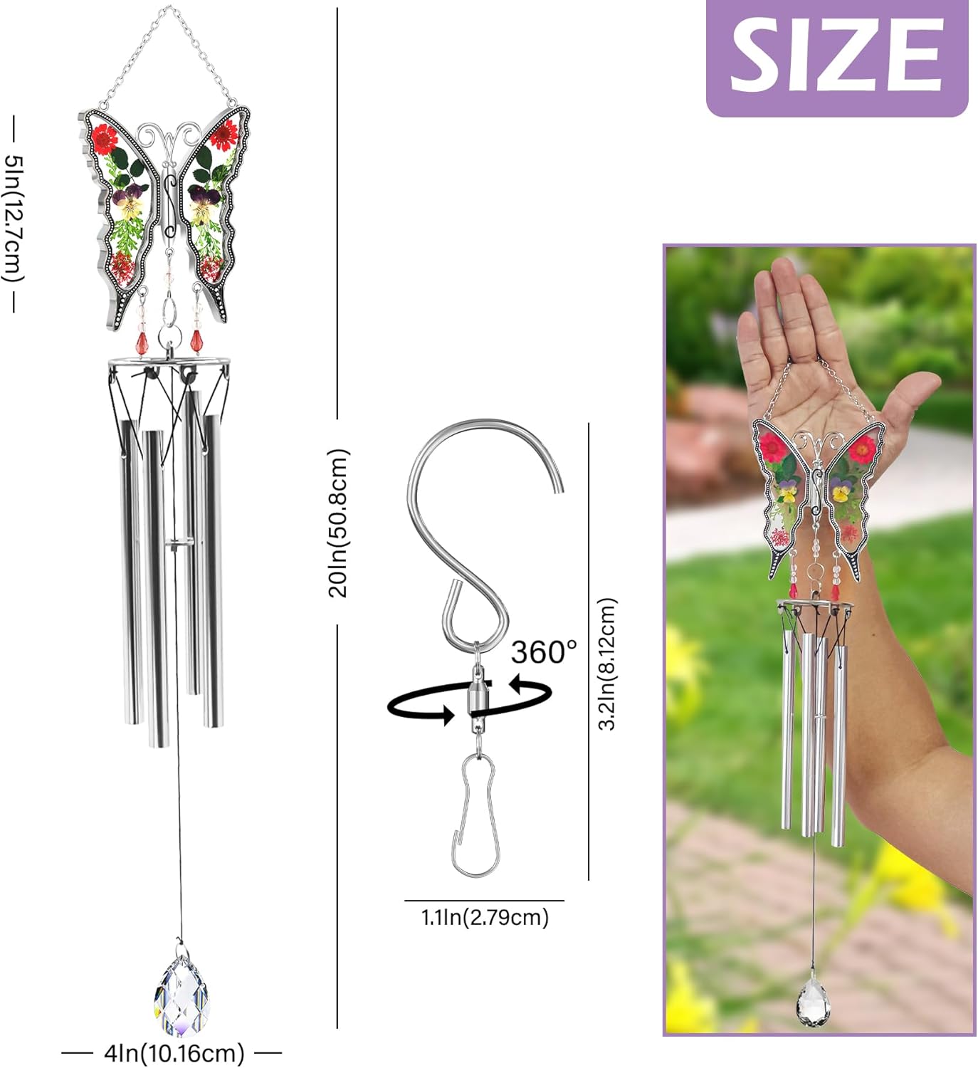 KY&BOSAM Wind Chime Butterfly Stained Glass for Outside Small Sympathy Hanging for Windows Wind Chimes Outdoor Clearance Memorial Wind Chimes with 4 Metal Tubes Decor for Garden Patio Yard Home Gift