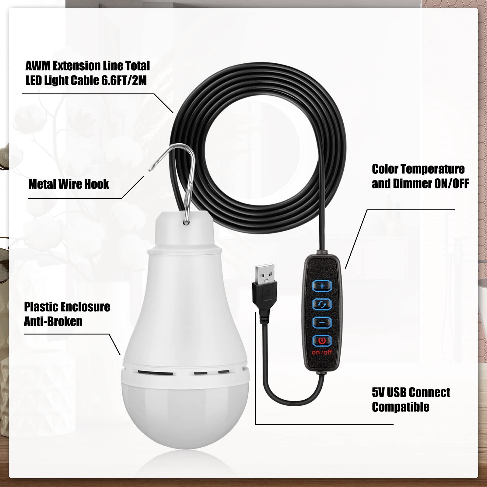 Lot de 6 guirlandes lumineuses USB LED portables rechargeables USB avec câble répartiteur USB pour camping, porche, jardin, garage, entrepôt, camion, bateau de pêche