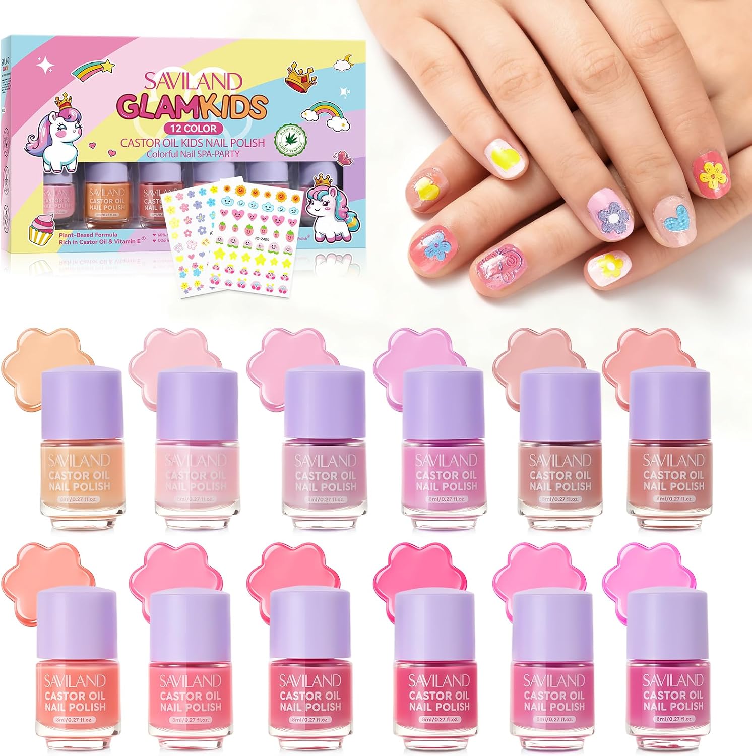 SAVILAND Glamkids Kids Nail Polish Set: Plant-Based Toxic-Free Nail Polish for Kids 12 Colors Peel Off Toddler Fingernail Polish with Stickers for Little Princess Sleepover Christmas Gifts Ages 5+